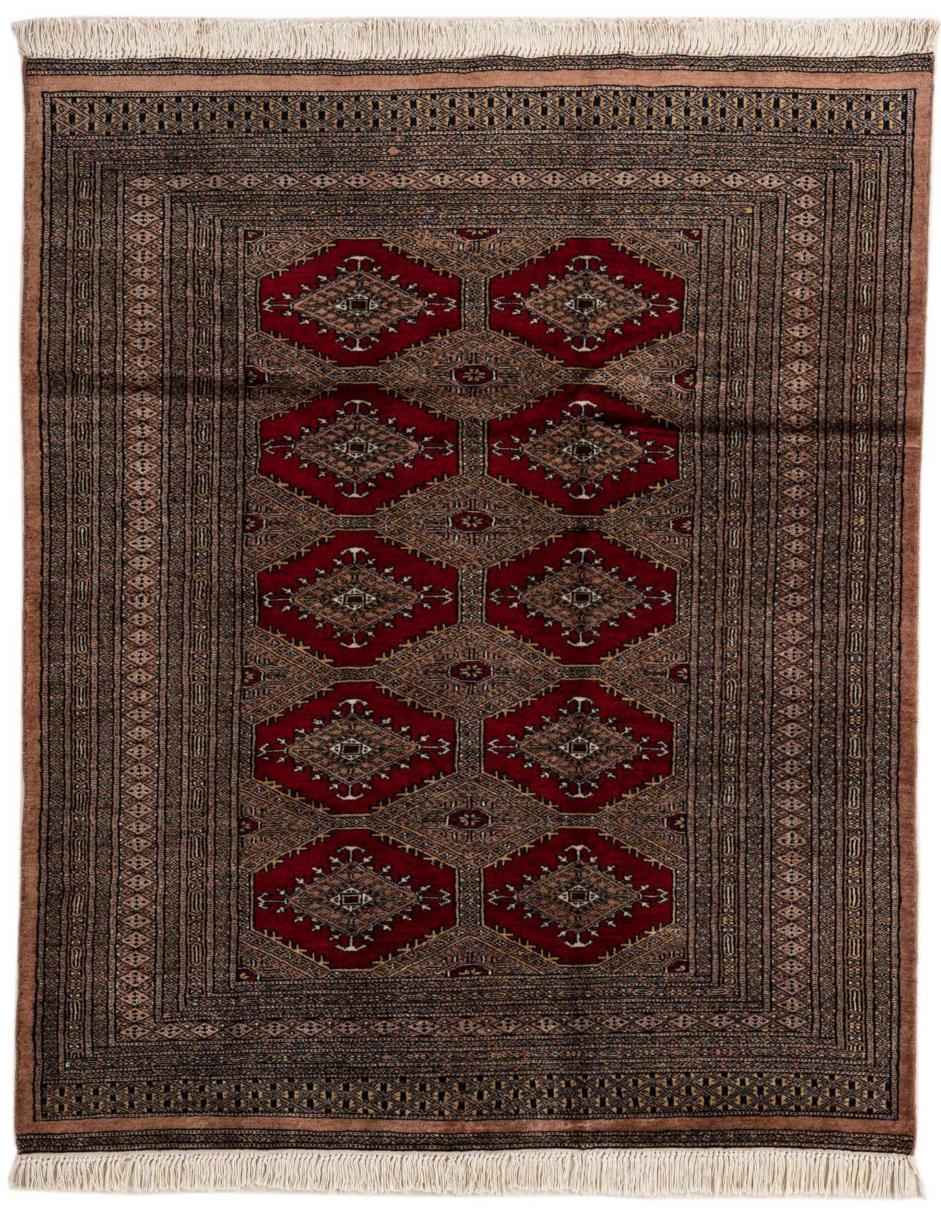 A 4x6 rectangular Bokhara rug featuring a traditional tribal pattern in deep reds and earthy browns with white fringe.
