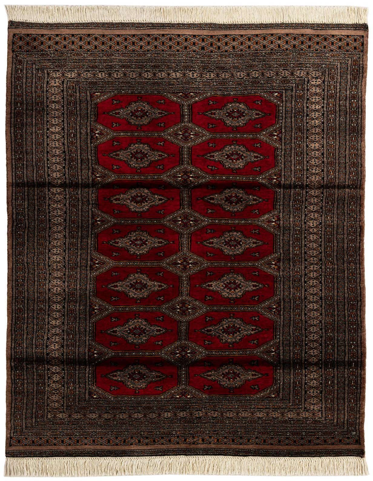 A 4x6 rectangular Bokhara rug featuring a rich red field with traditional tribal medallions and a detailed brown border, with white fringe.