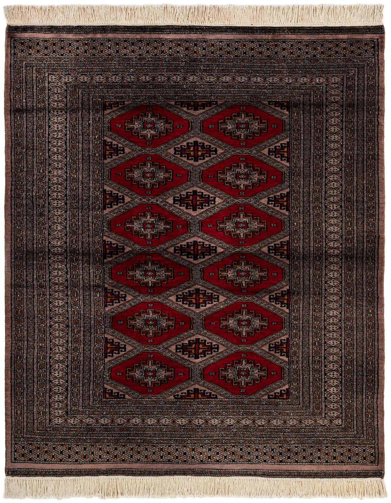 A 4x6 rectangular Bokhara rug with a deep red field and intricate tribal patterns in black and beige, featuring fringed ends.