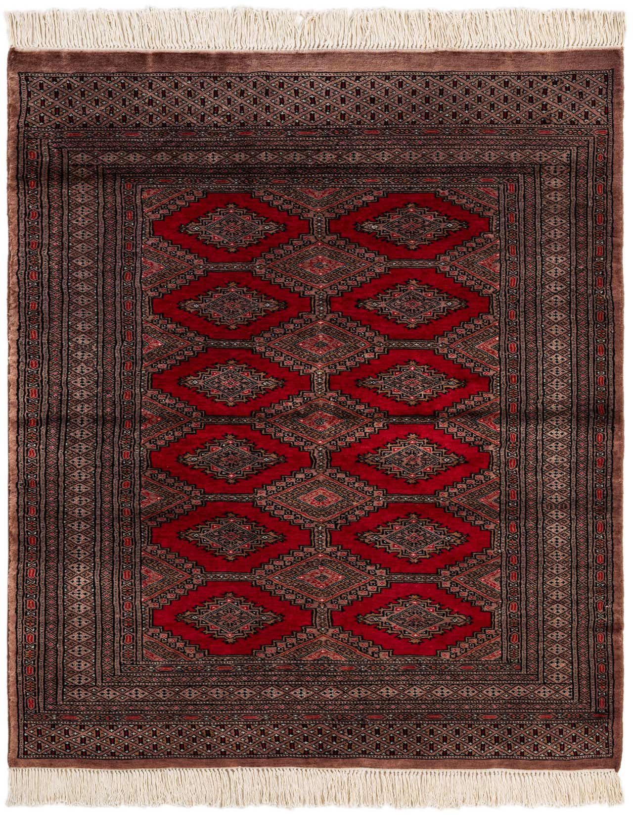 A 4x6 rectangular red Bokhara rug with a traditional tribal pattern and intricate borders, handmade from wool.