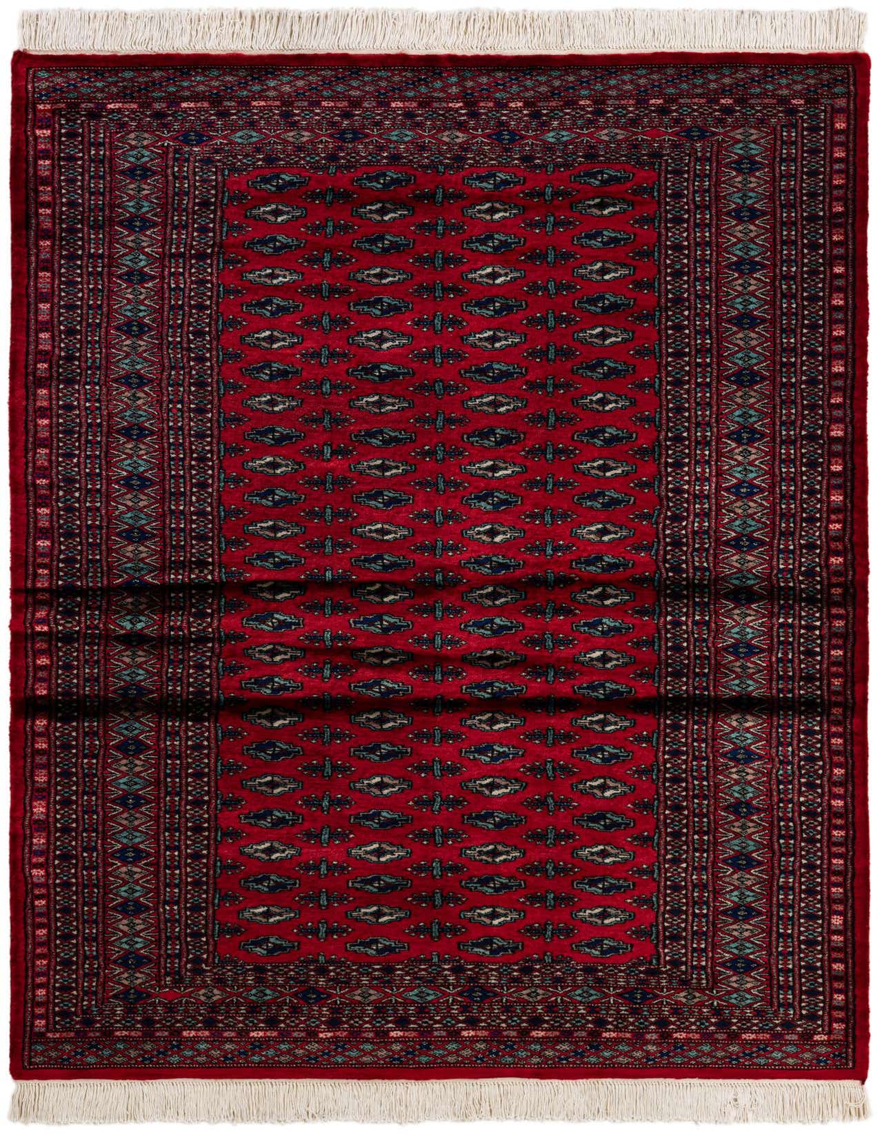 A 4x6 rectangular red Bokhara rug with a traditional tribal pattern featuring intricate navy, teal, and beige motifs and white fringe.