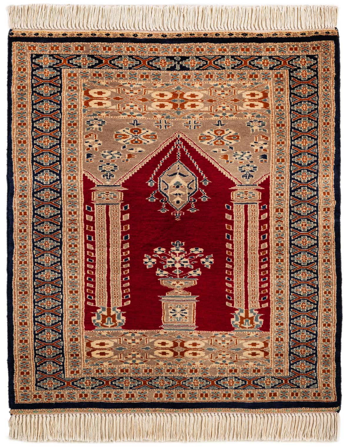 A 3x4 rectangular Bokhara rug with a deep red field and intricate tribal patterns in navy, beige, and orange.