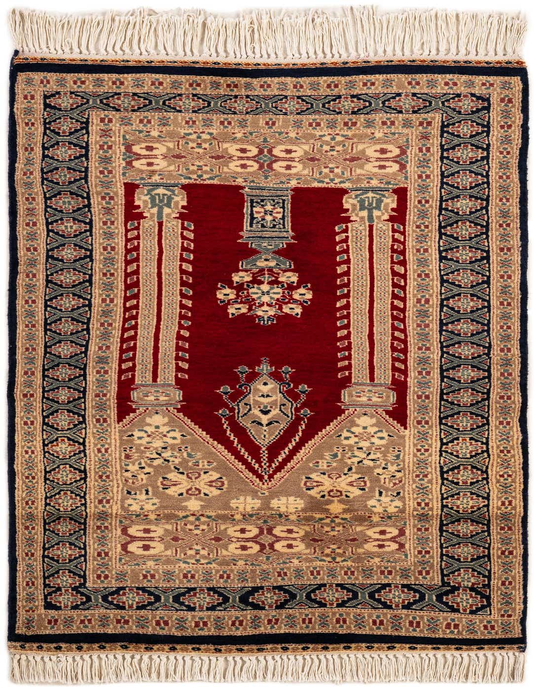 A 3x4 rectangular Bokhara wool rug featuring a deep red field with traditional tribal and medallion patterns, bordered by intricate designs in navy, beige, and light blue, with white fringe.