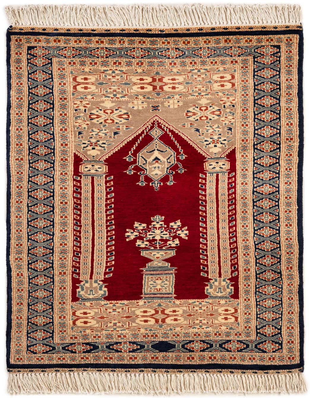 A 3x4 rectangular Bokhara rug featuring a rich red field with a central medallion and intricate tribal patterns in beige, blue, and cream, framed by a dark border and white fringe.