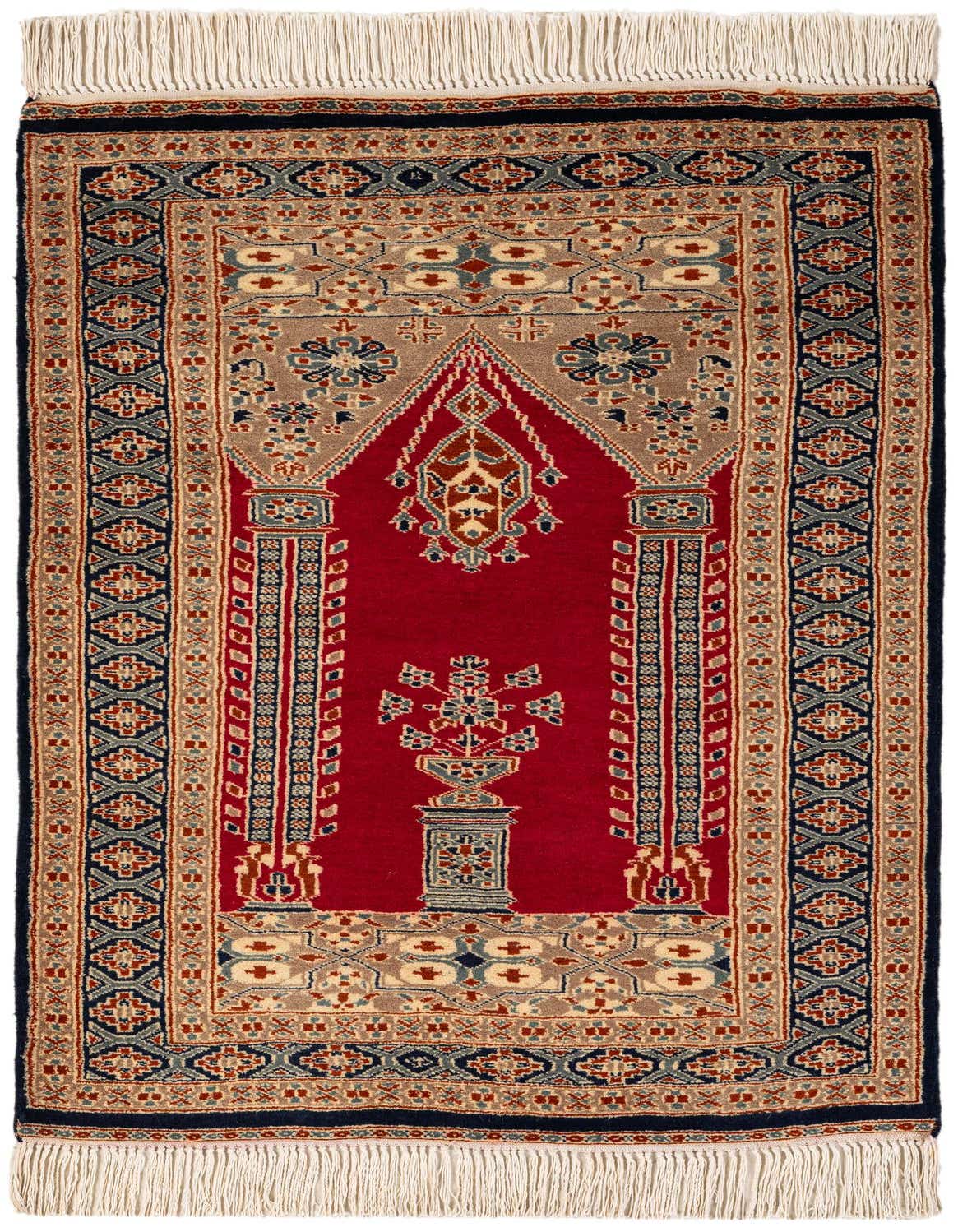 A 3x4 rectangular Bokhara wool rug featuring a traditional tribal medallion design in deep reds, blues, and beige, with white fringe.