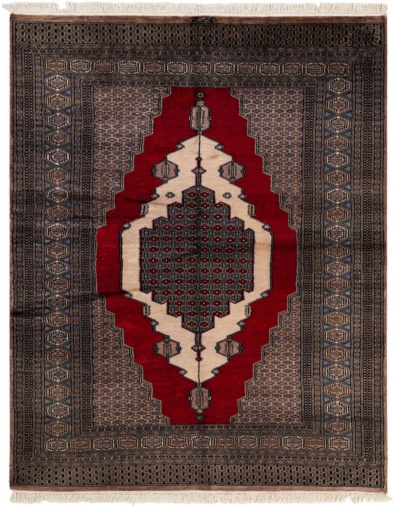 A 5x8 rectangular Bokhara wool rug featuring a central red and cream medallion on a dark patterned field with fringed ends.