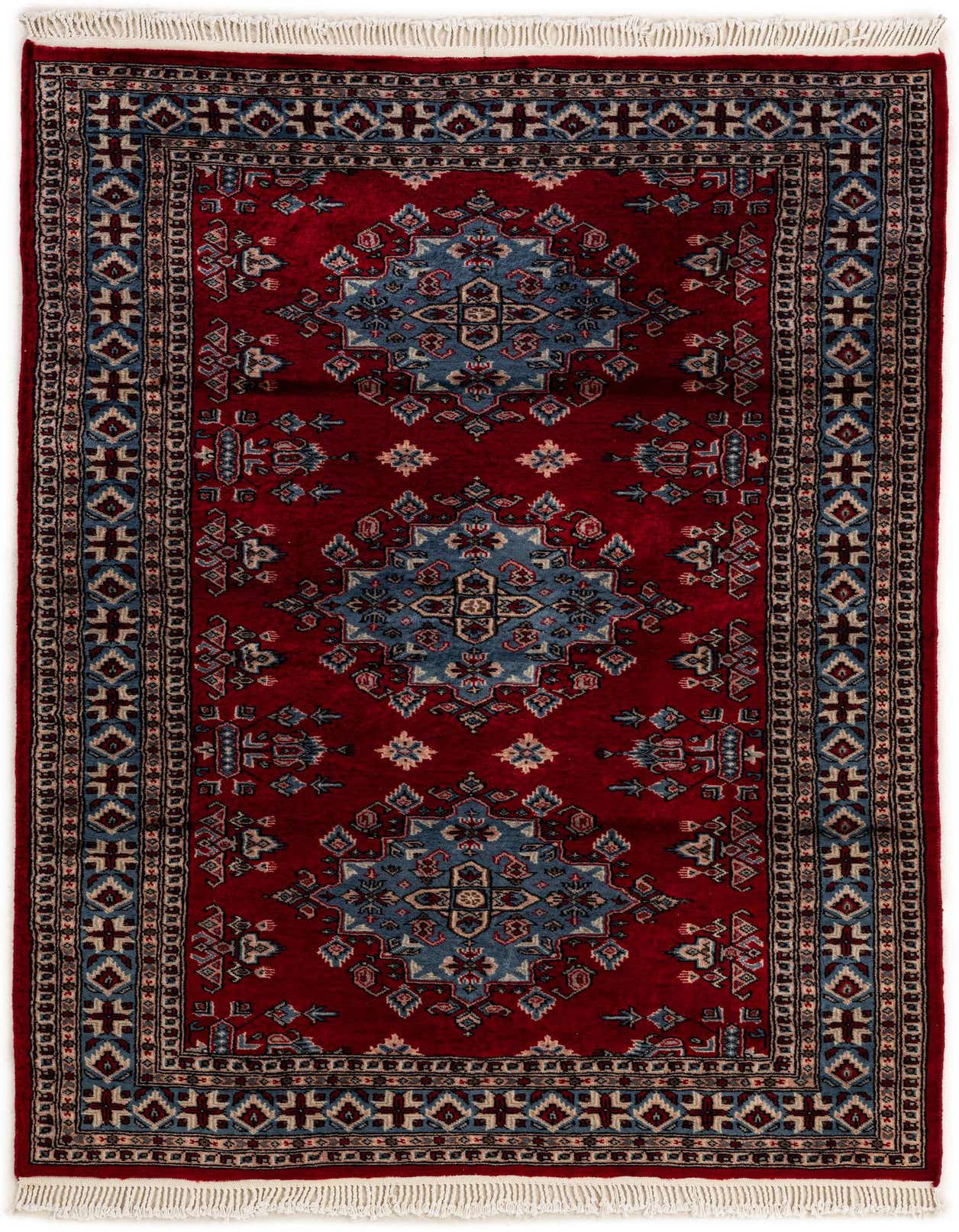 A 4x6 rectangular Bokhara rug with a deep red field and intricate blue, beige, and black traditional tribal patterns, including a central medallion design and detailed borders.