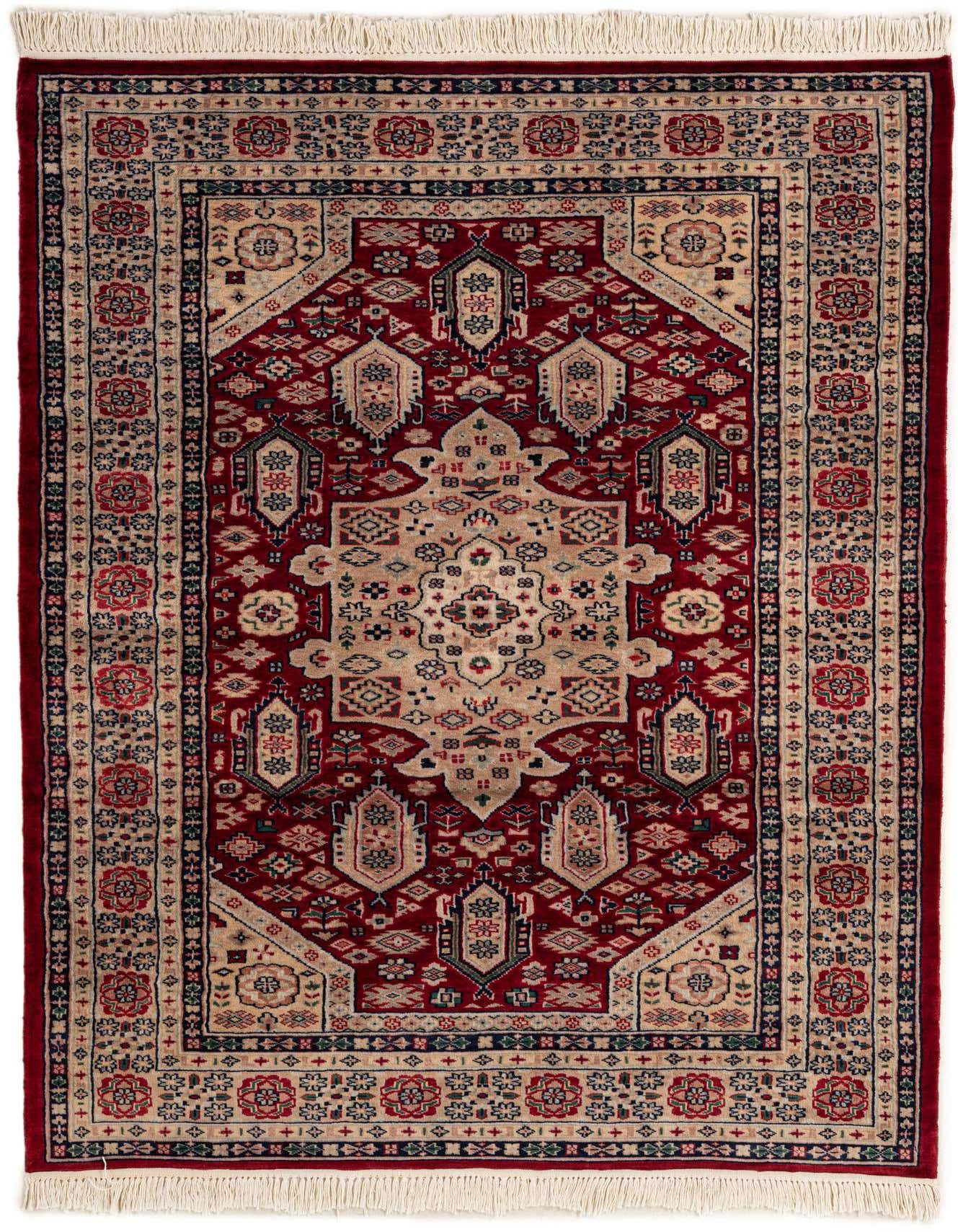 A 4x6 rectangular Bokhara rug in traditional tribal style, featuring a central medallion and intricate patterns in various shades of red, cream, and navy.