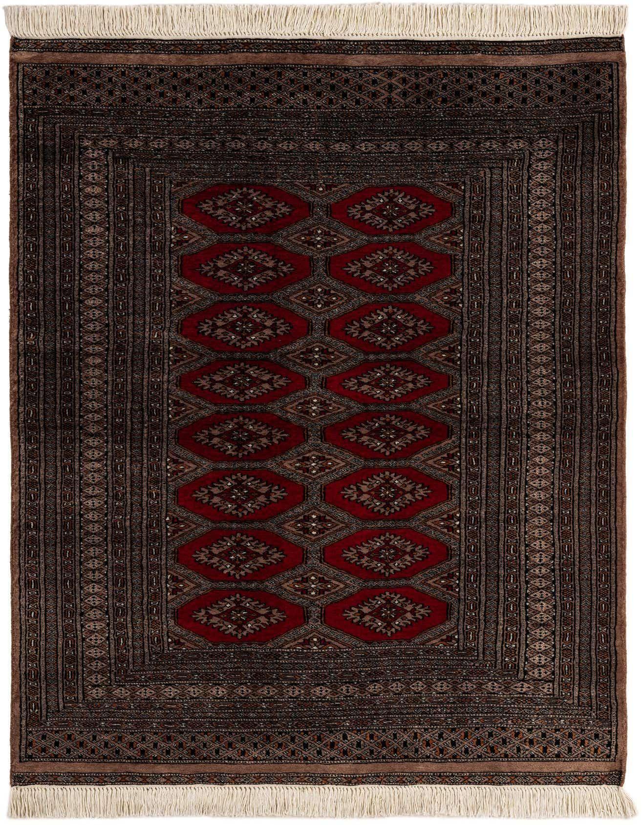 A 4x6 rectangular Bokhara rug featuring a central field of red diamond motifs with intricate tribal patterns, framed by dark brown borders, and finished with white fringes.