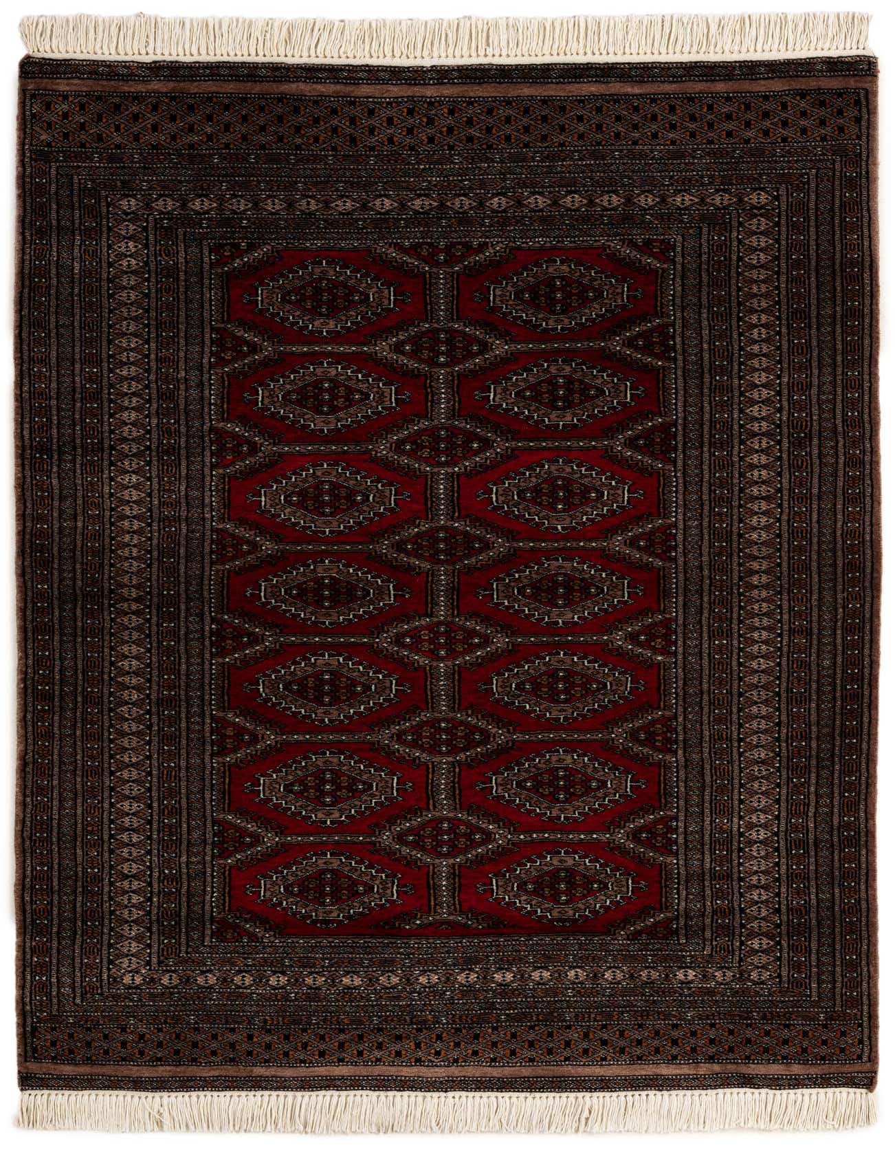 A 4x6 rectangular Bokhara rug featuring a deep red field with traditional tribal patterns and a dark brown border, finished with cream fringe.