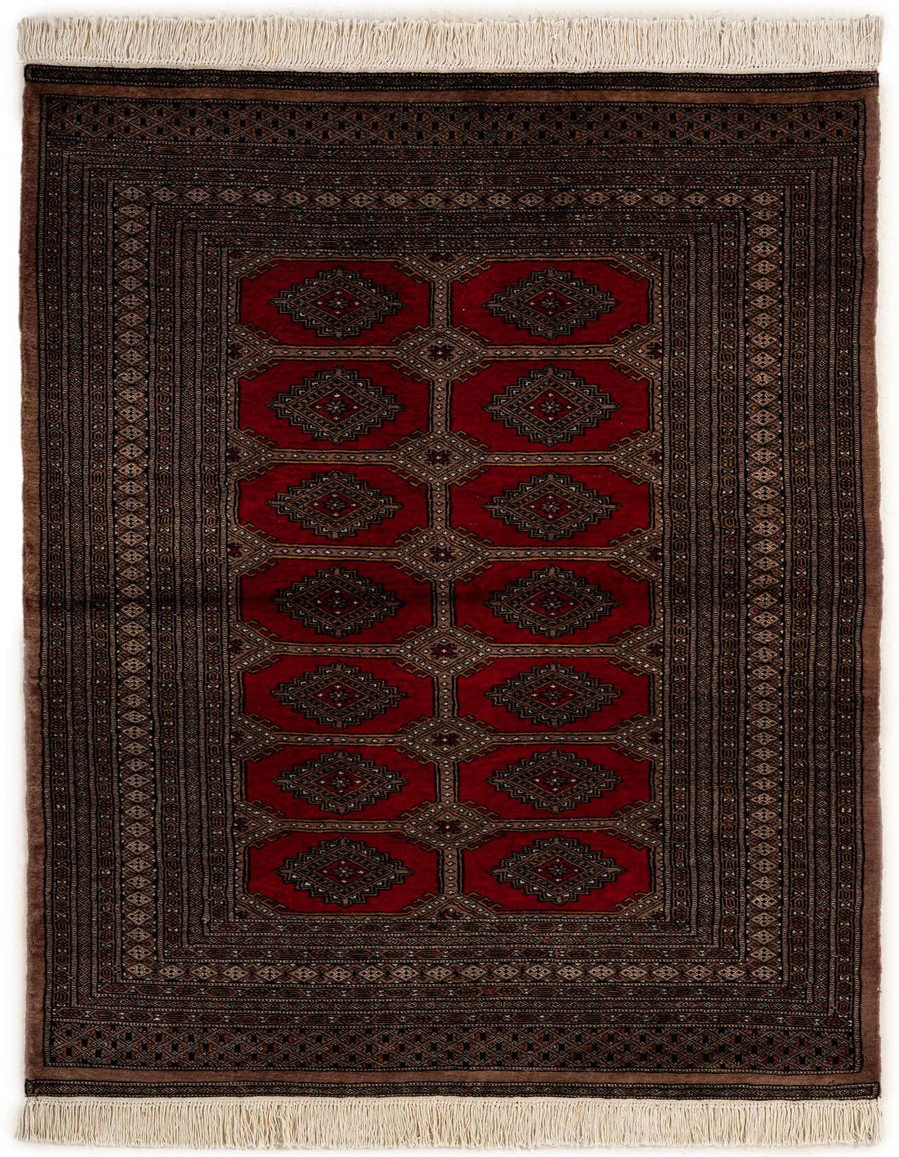 A 4x6 rectangular Bokhara rug featuring a deep red field with traditional tribal medallions and a dark brown border, handmade from wool.