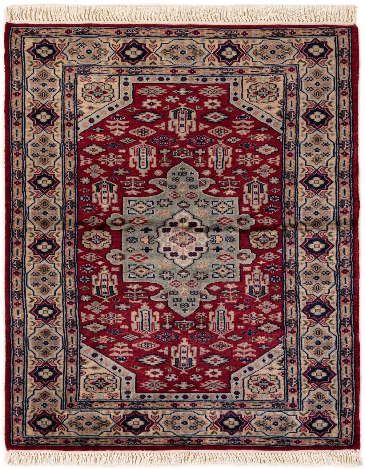 A 3x5 rectangular red tribal wool rug with a central medallion and intricate patterns, featuring fringe.