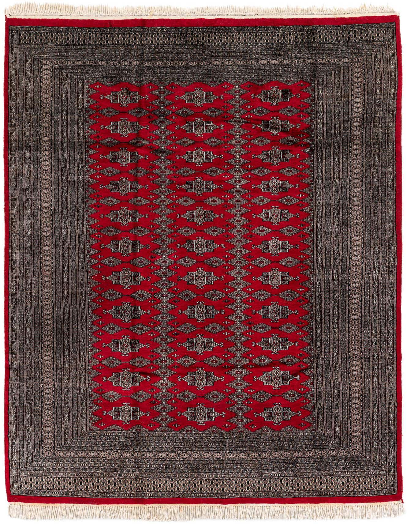 A 6x9 rectangular Bokhara rug in deep red with intricate black and beige tribal patterns and a thin pile.