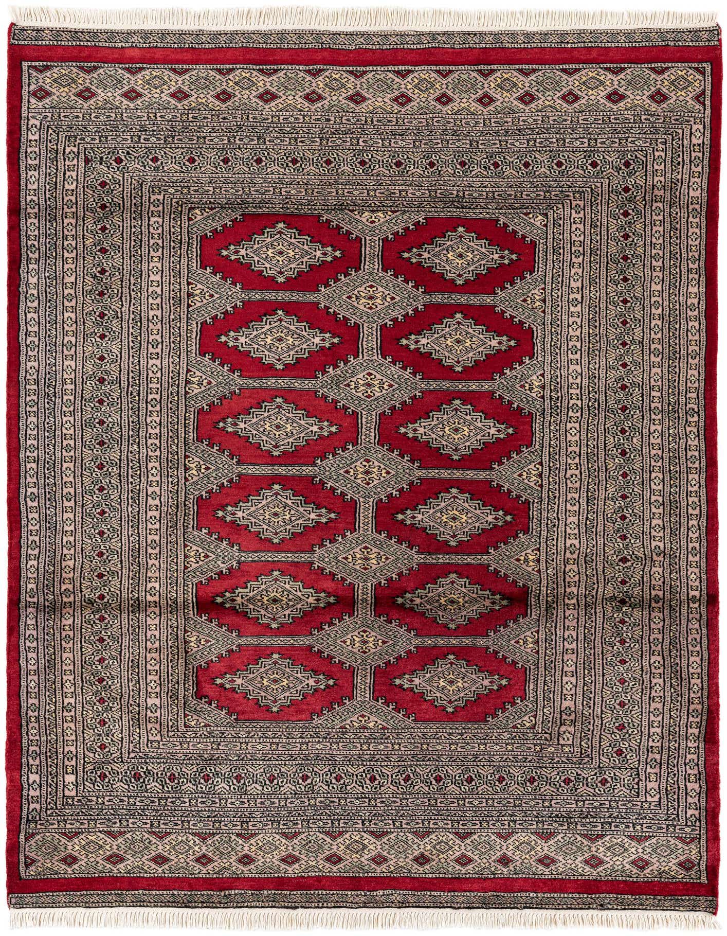 A 4x6 rectangular Bokhara rug in deep red with intricate tribal patterns and a detailed border, perfect for a living room.