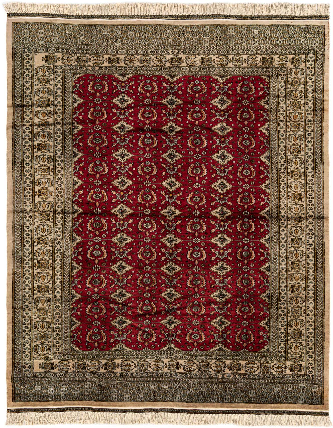 A 6x9 rectangular Bokhara rug featuring a rich red field with intricate traditional tribal patterns and a cream and olive border, handmade from wool.
