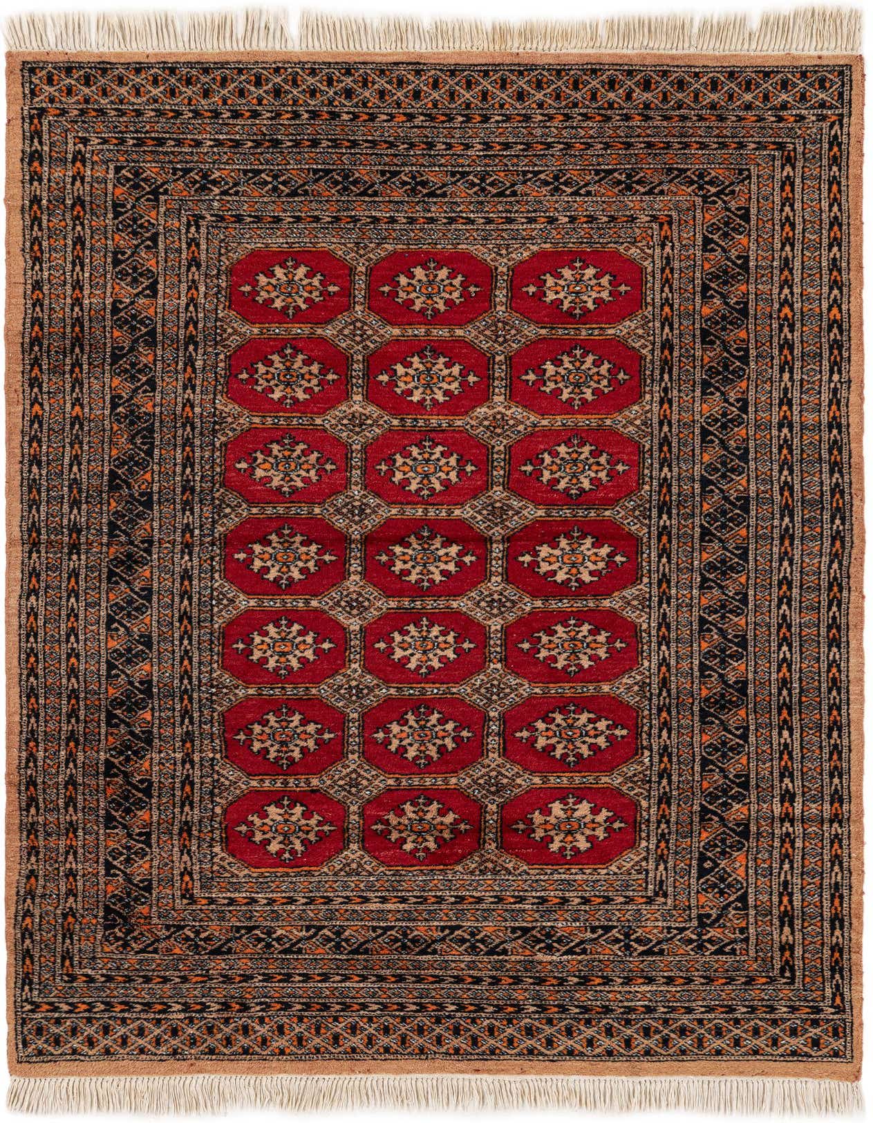 A 4x6 rectangular red traditional Bokhara rug with a central field of repeated octagonal medallions and a complex border, showcasing tribal patterns.