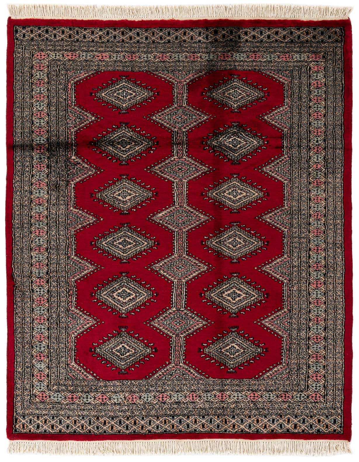 A 4x6 rectangular red Bokhara wool rug with a traditional tribal pattern of geometric diamonds and intricate borders, featuring white fringe.