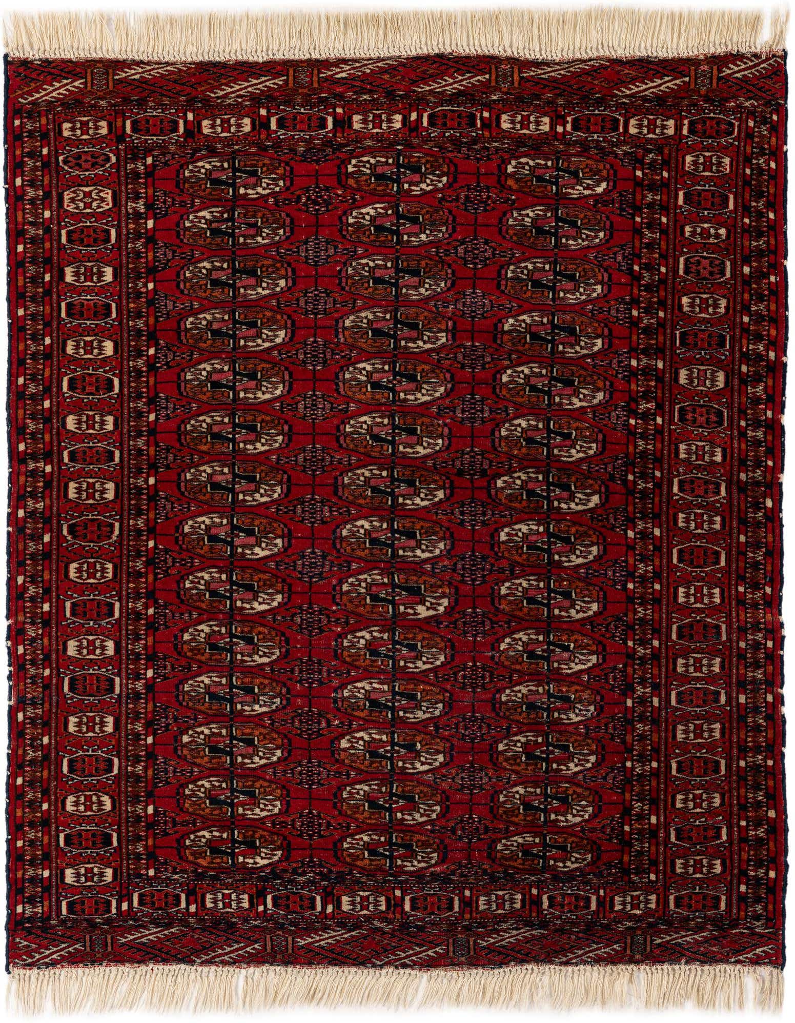 A 3x5 rectangular Bokhara rug featuring a traditional tribal pattern in rich reds, black, and cream with white fringe.
