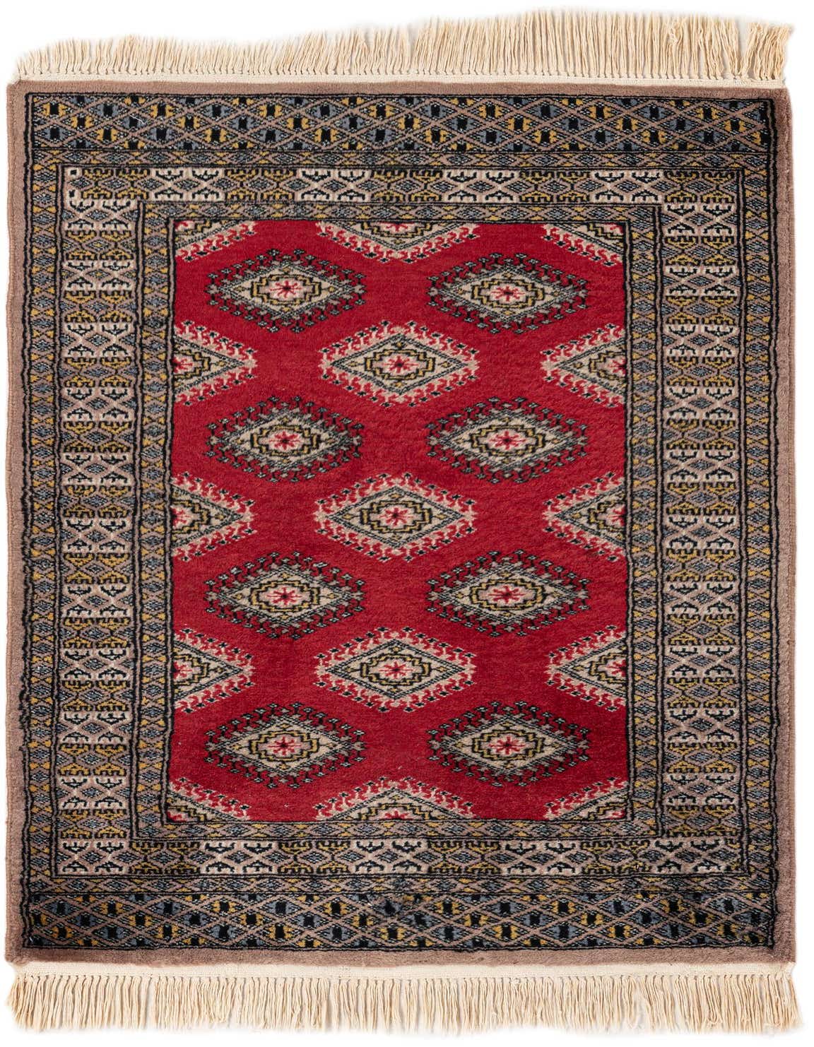 A 3x4 rectangular Bokhara rug in rich red with tribal and oriental patterns, featuring diamond motifs and intricate borders, handmade from wool.