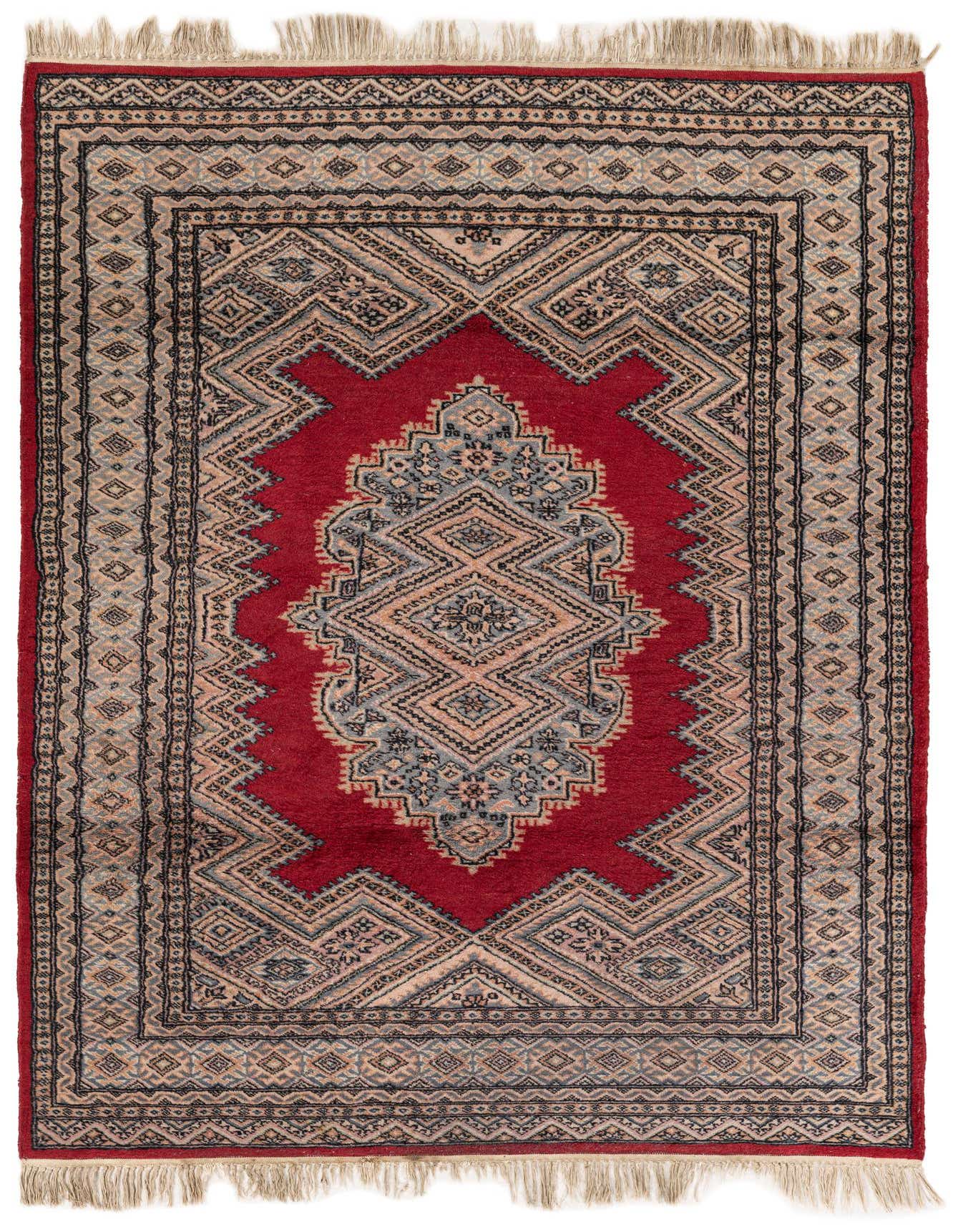 A 4x6 rectangular red wool rug with a traditional tribal medallion pattern in black, grey, and beige.