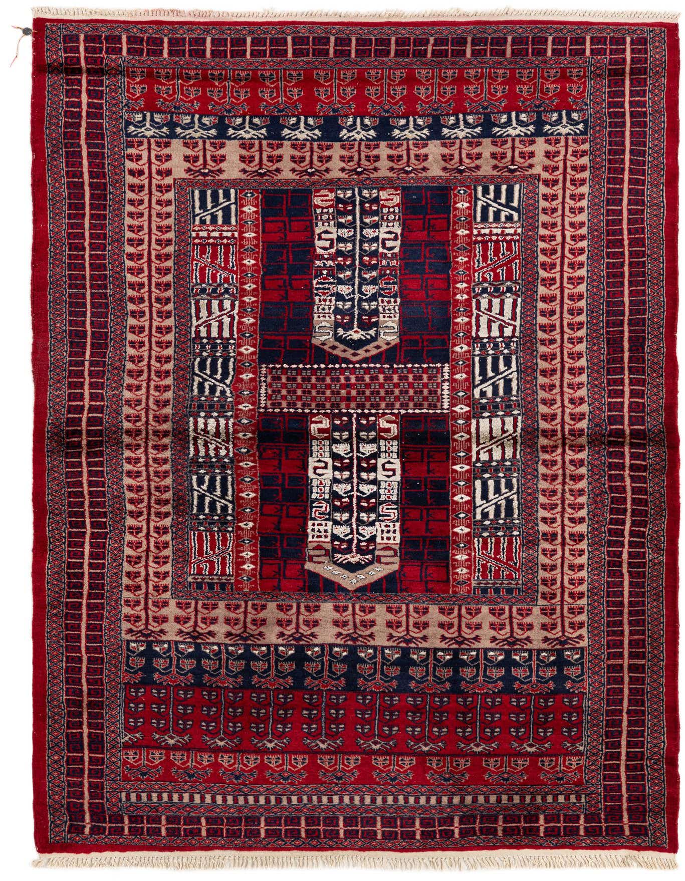 A 4x6 rectangular Bokhara rug featuring traditional tribal patterns in deep reds, navy blue, and beige, with a thin pile.