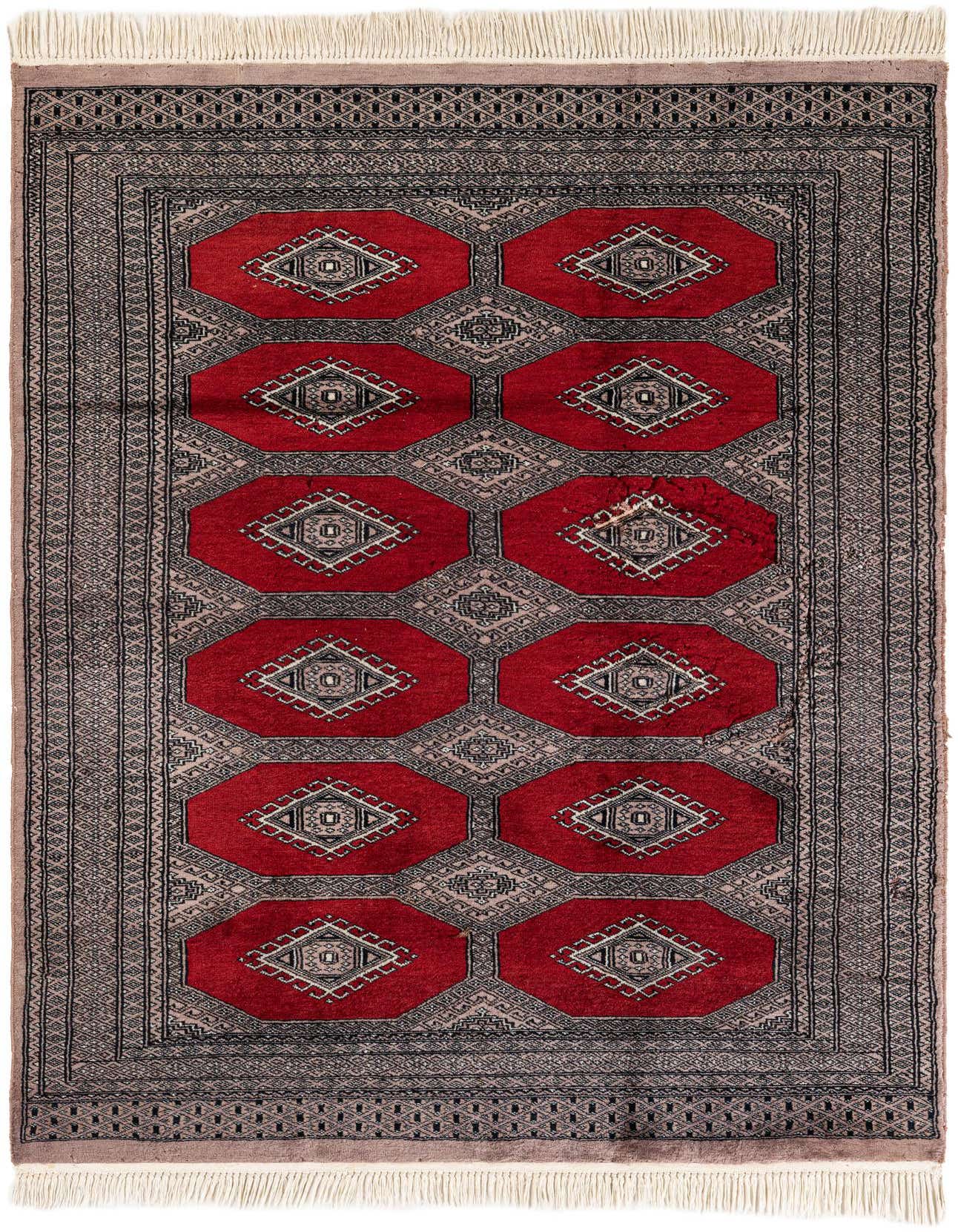 A 4x6 rectangular Bokhara rug featuring a traditional red and black tribal pattern with a thin pile and fringe.
