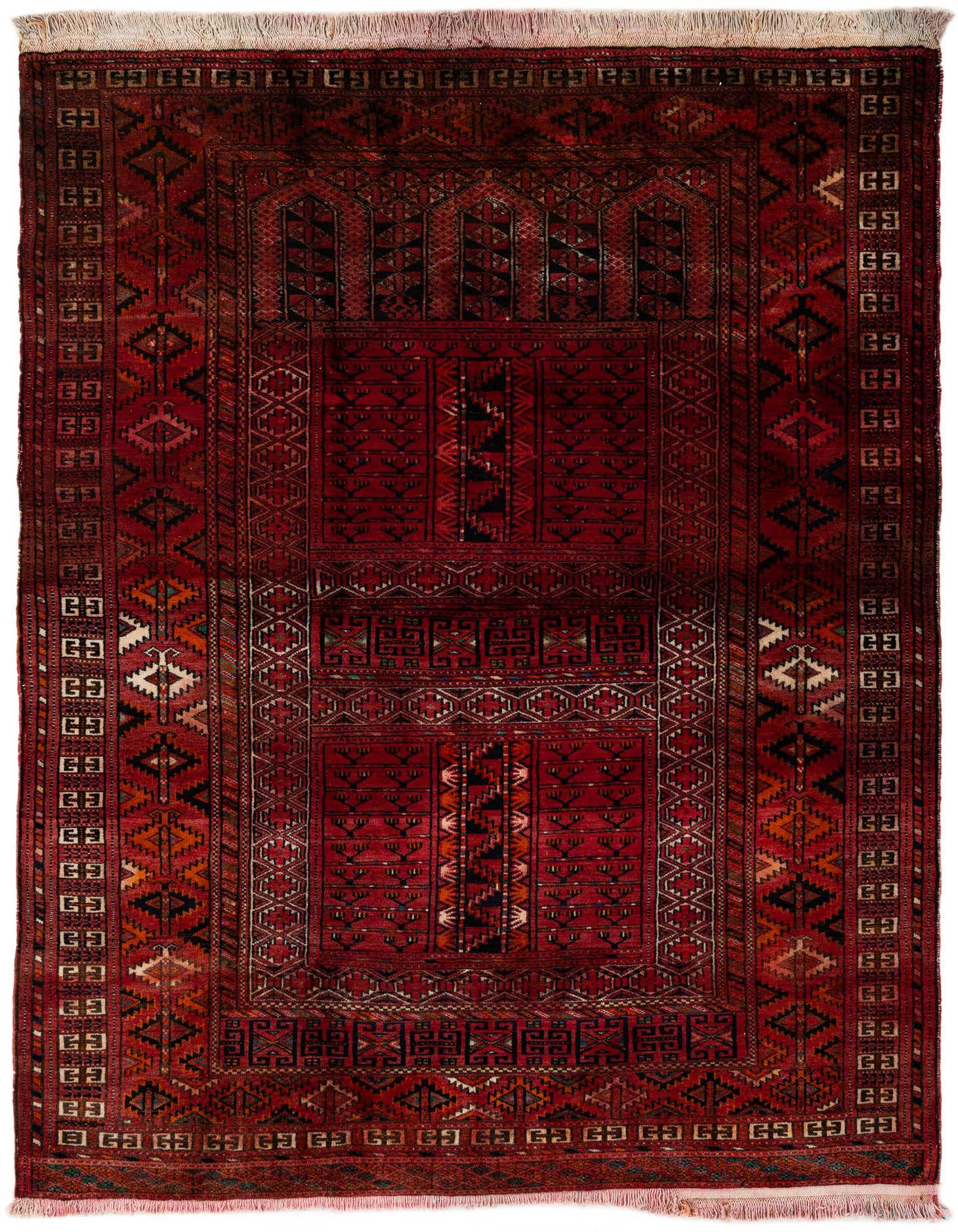 A 4x6 rectangular Bokhara rug in deep reds with intricate traditional tribal patterns and fringe.