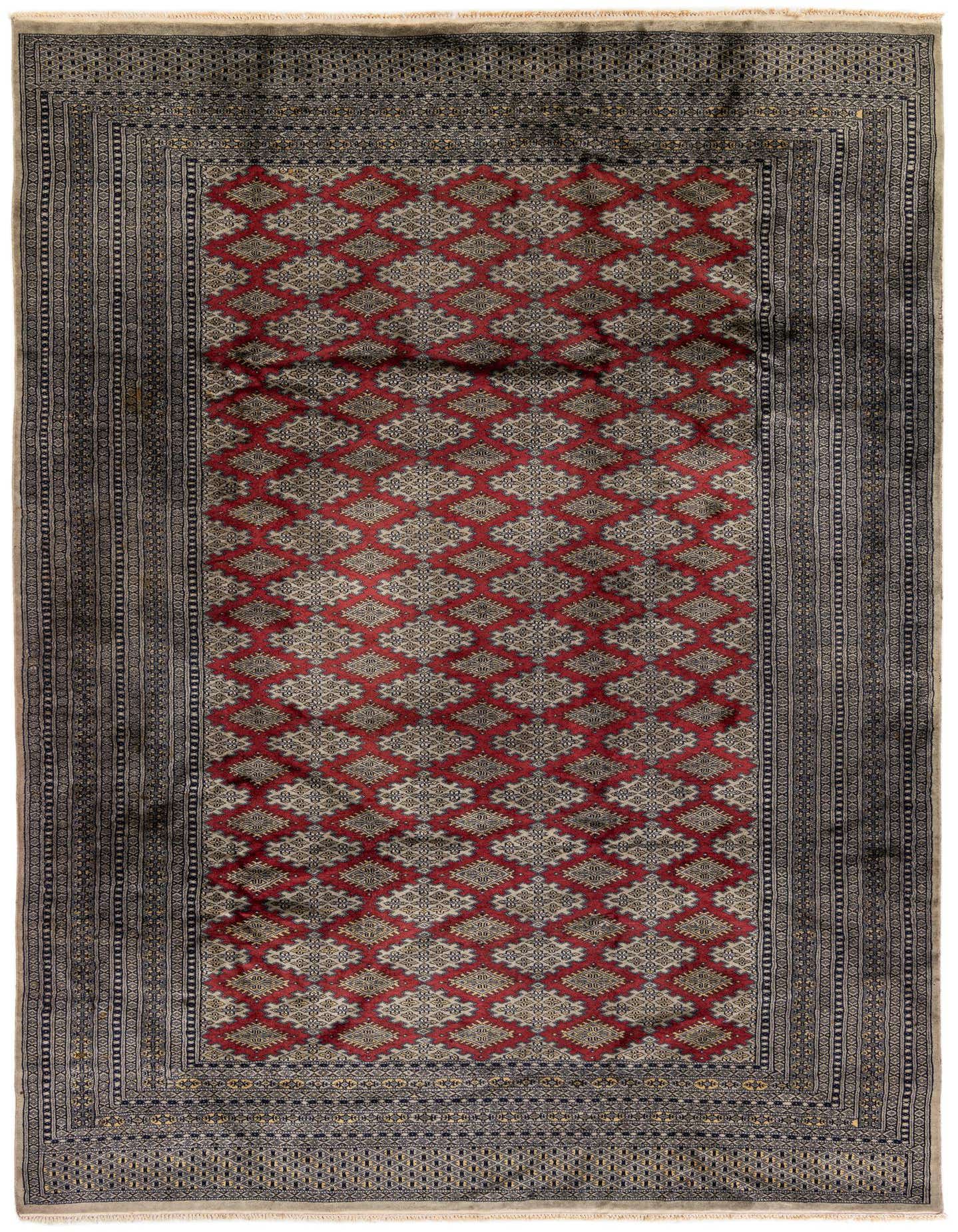 A 7x10 rectangular Bokhara rug featuring a traditional tribal pattern in reds and dark blue with a thin pile.
