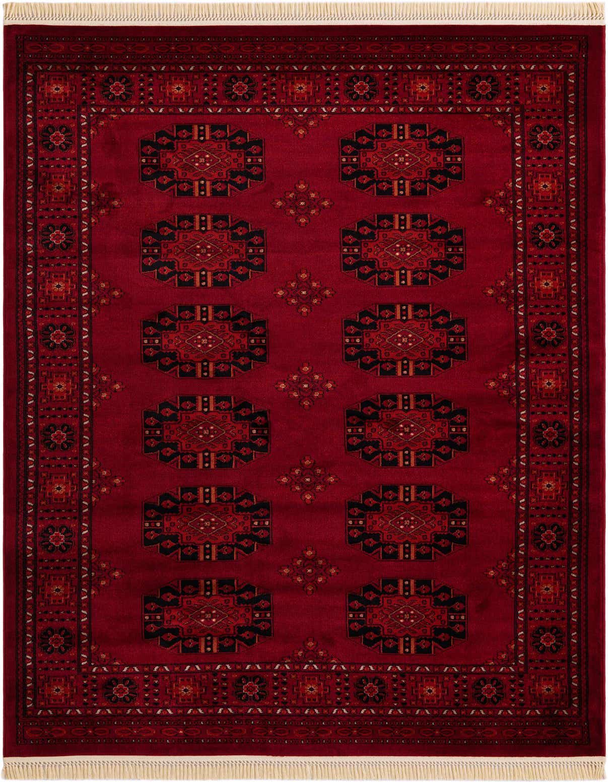 A 6x9 rectangular red Bokhara rug featuring traditional tribal medallions and a detailed border, suitable for a living room.