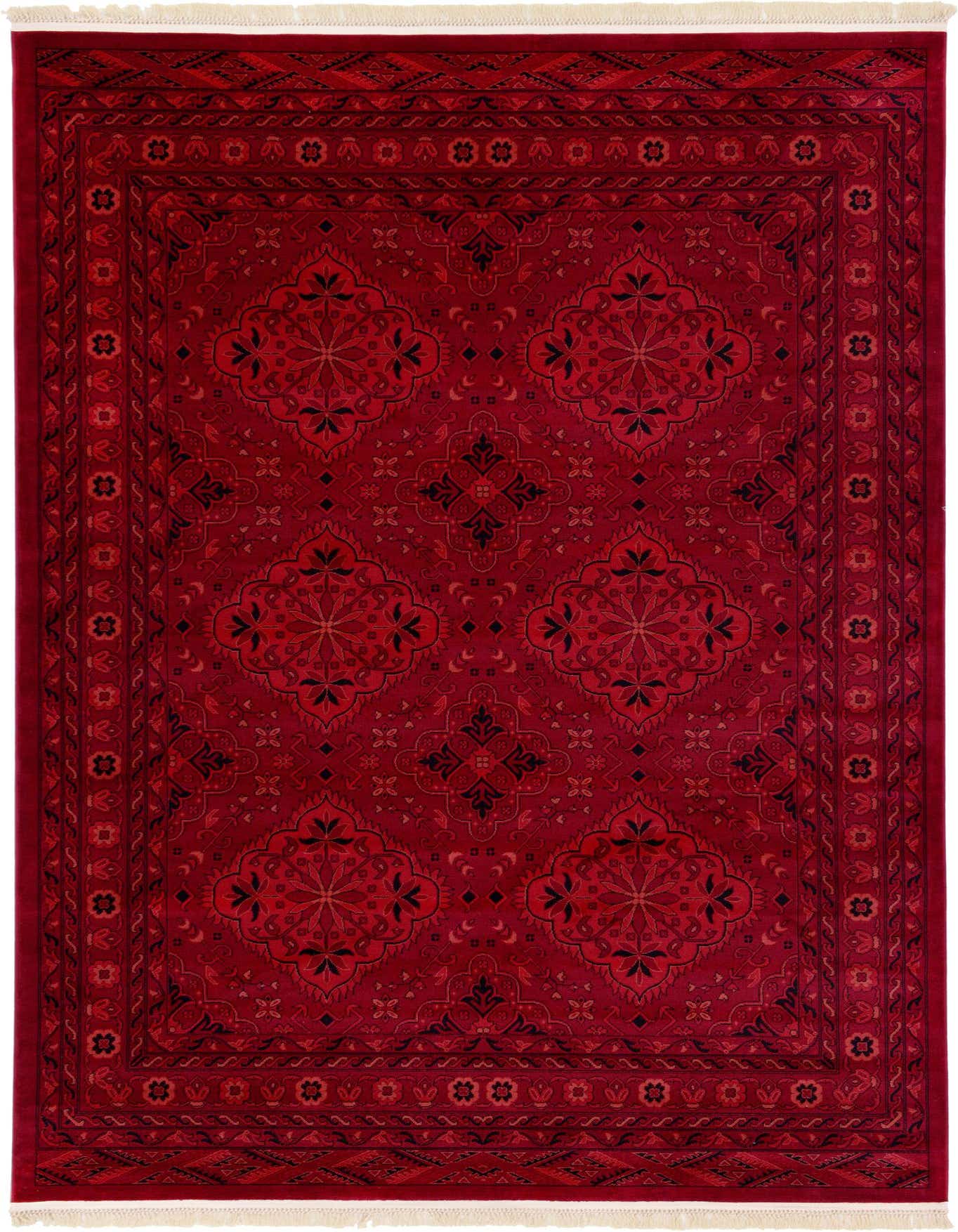 A 7x10 rectangular red Bokhara rug with a traditional medallion and tribal pattern, featuring intricate dark red and black designs.
