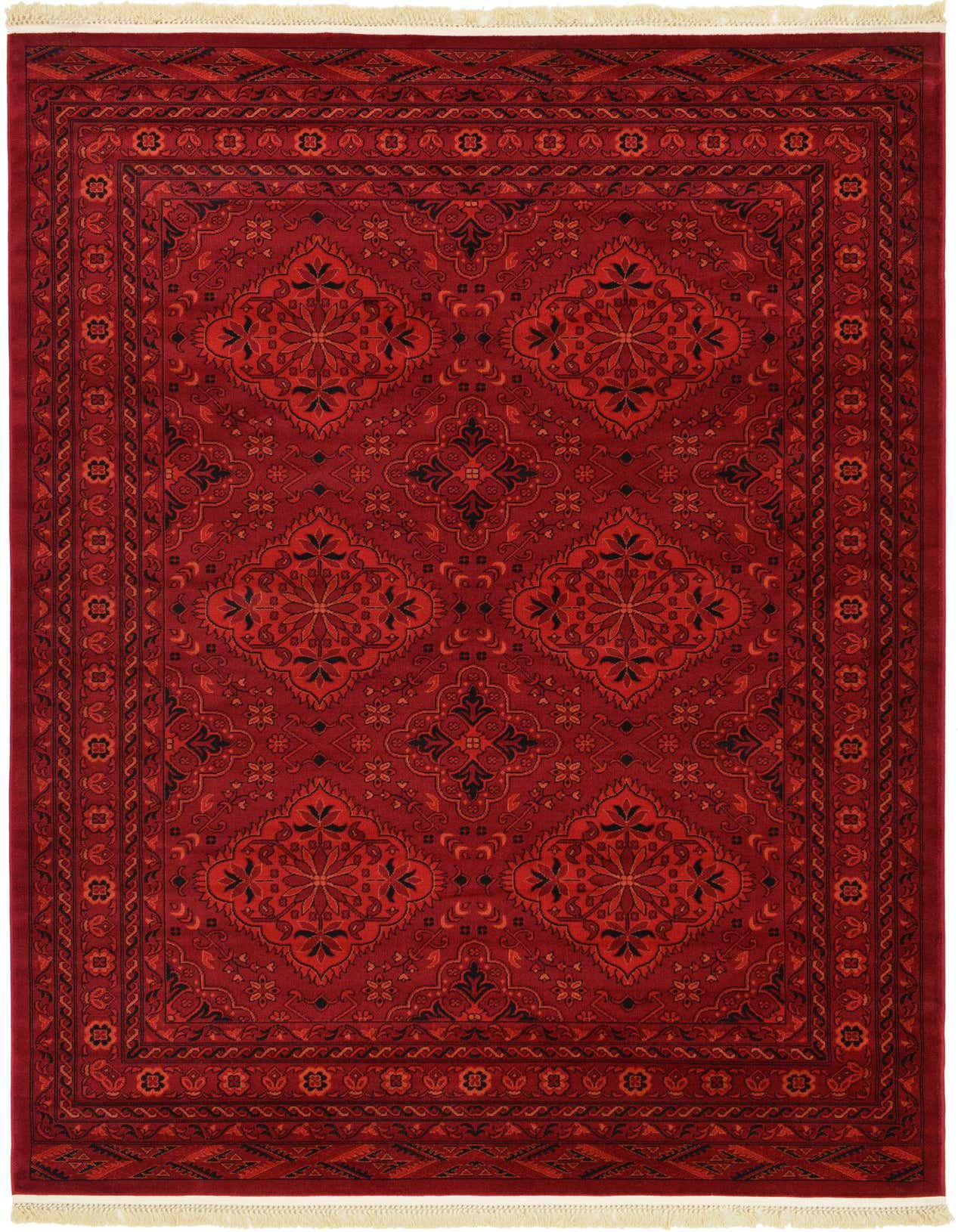 A 6x9 rectangular Bokhara rug in rich red with intricate traditional medallion and tribal patterns, featuring a thin pile and white fringe.