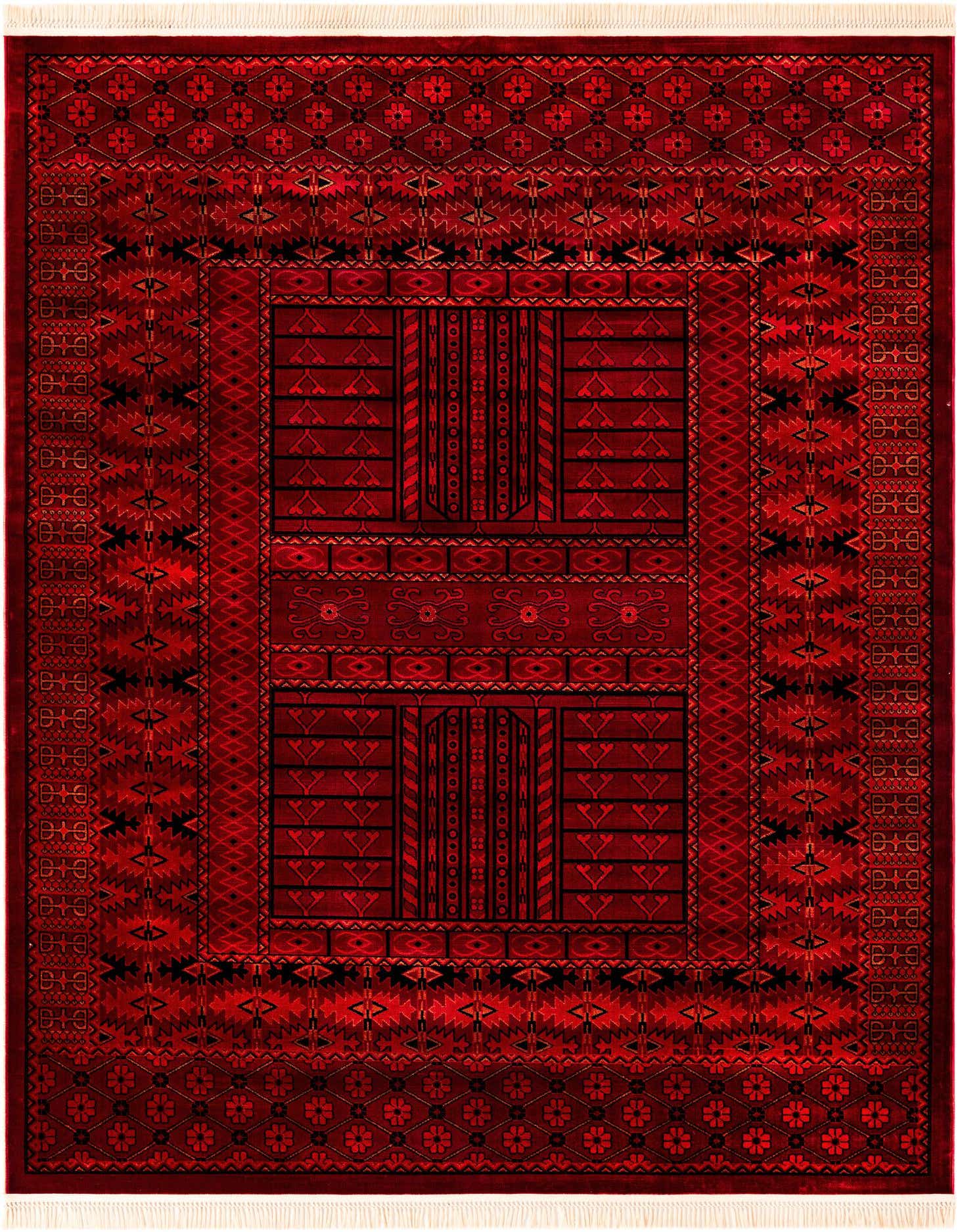 A rectangular 8x10 Bokhara rug in rich reds, featuring a traditional medallion and tribal patterns, with fringe.