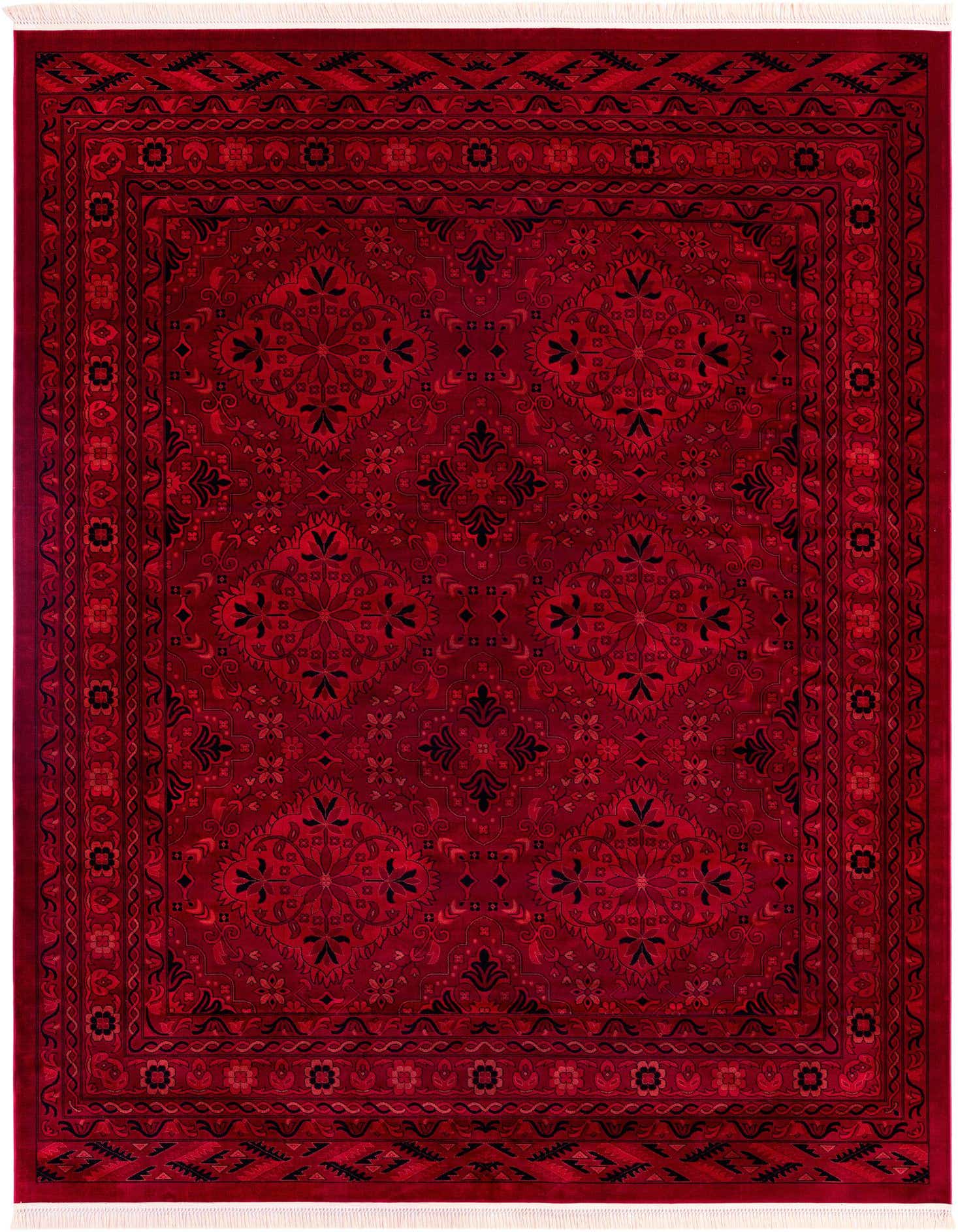 A 10x13 rectangular Bokhara rug in deep red with intricate black traditional medallion and floral patterns, featuring a thin pile and white fringe.