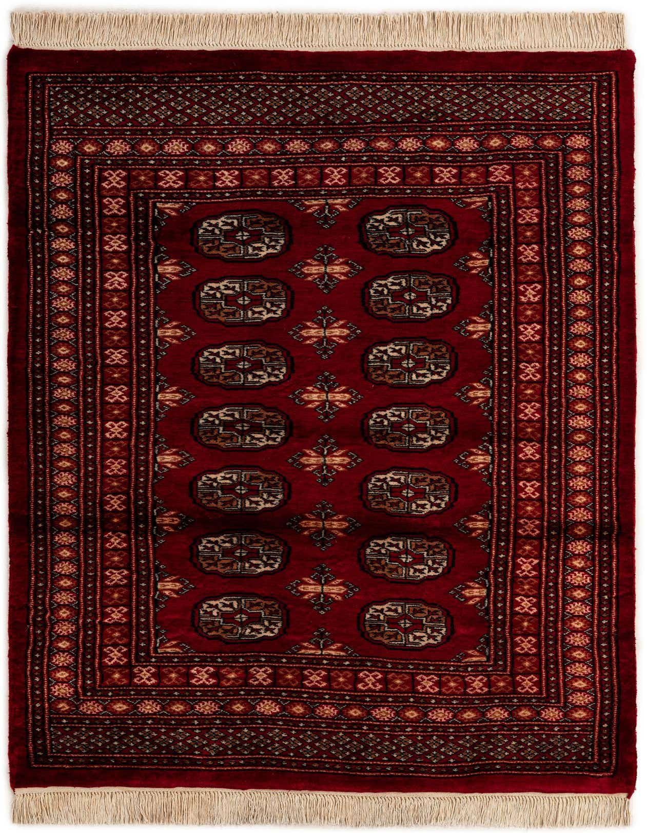 A 4x6 rectangular Bokhara Torkaman rug featuring a rich red field with traditional Persian medallions and intricate borders, handmade from wool.