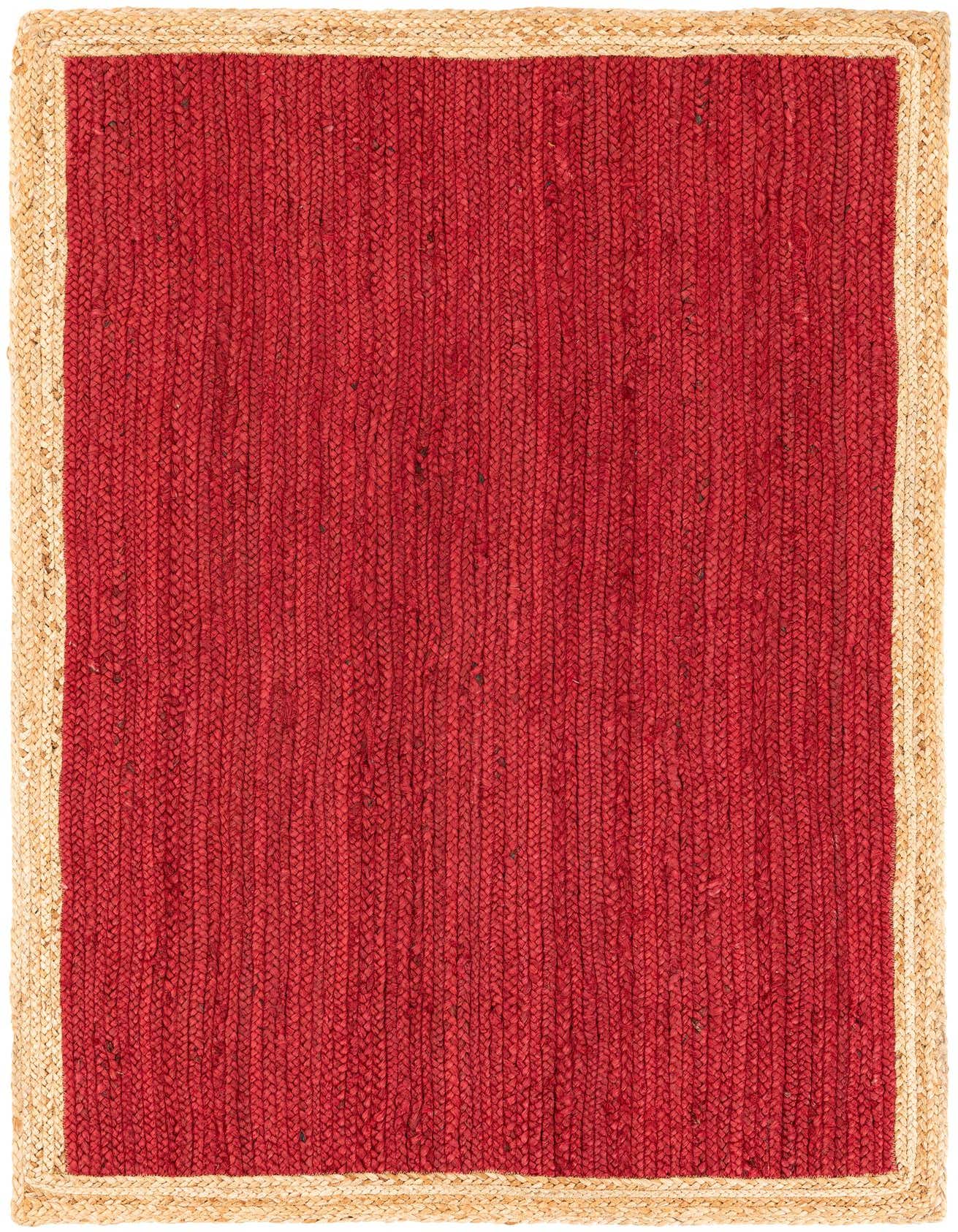 A 3x5 rectangular red braided jute rug with a natural tan border, showcasing its textured, flatweave design.