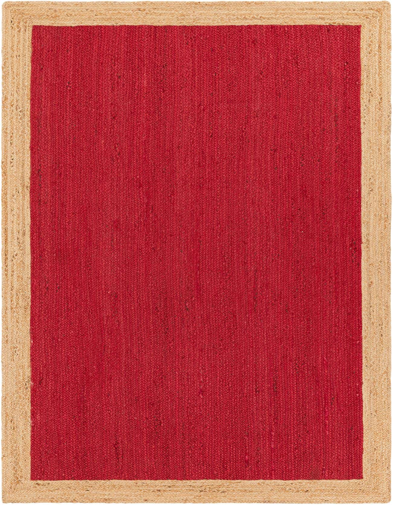 A 5x8 rectangular red area rug with a natural braided jute border, suitable for a living room.