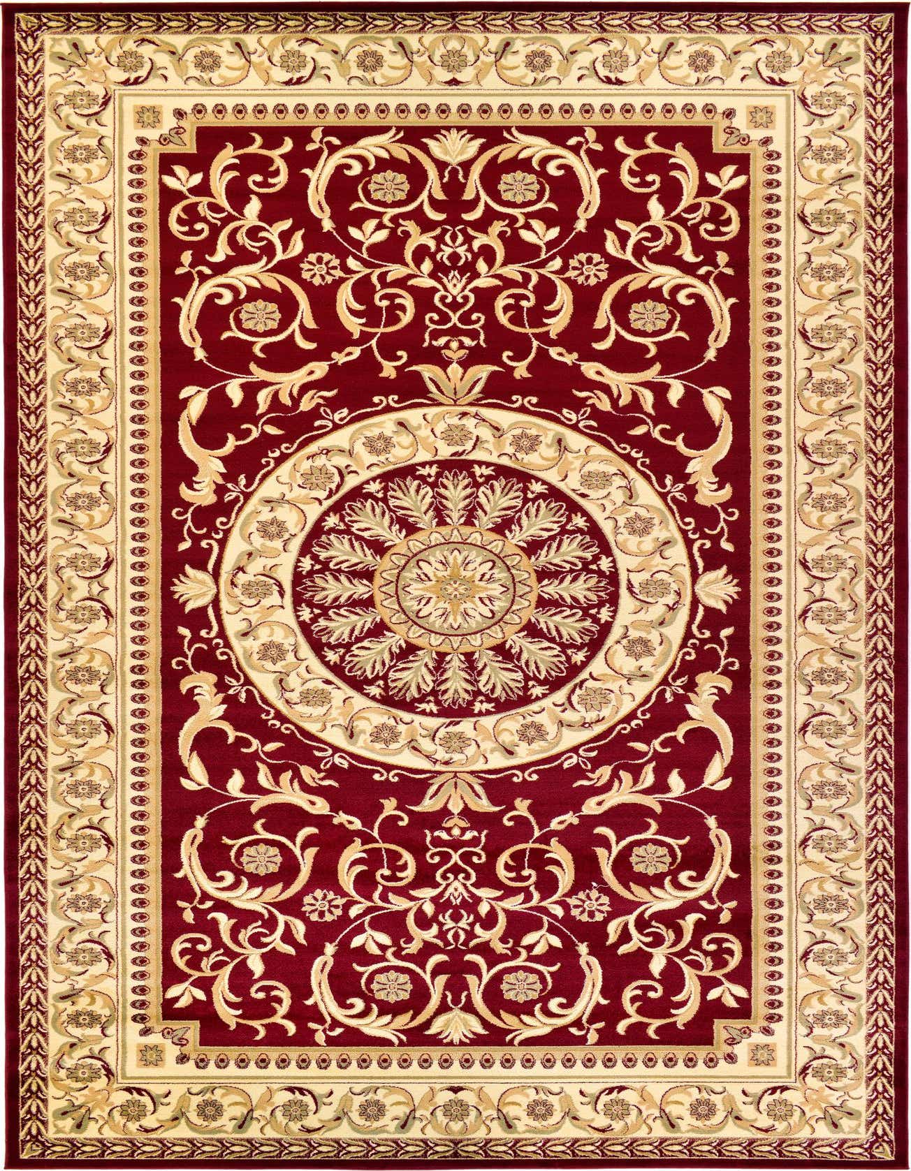 A large 10x16 rectangular Chateau rug featuring a rich red field with an ornate cream and gold medallion and floral border.