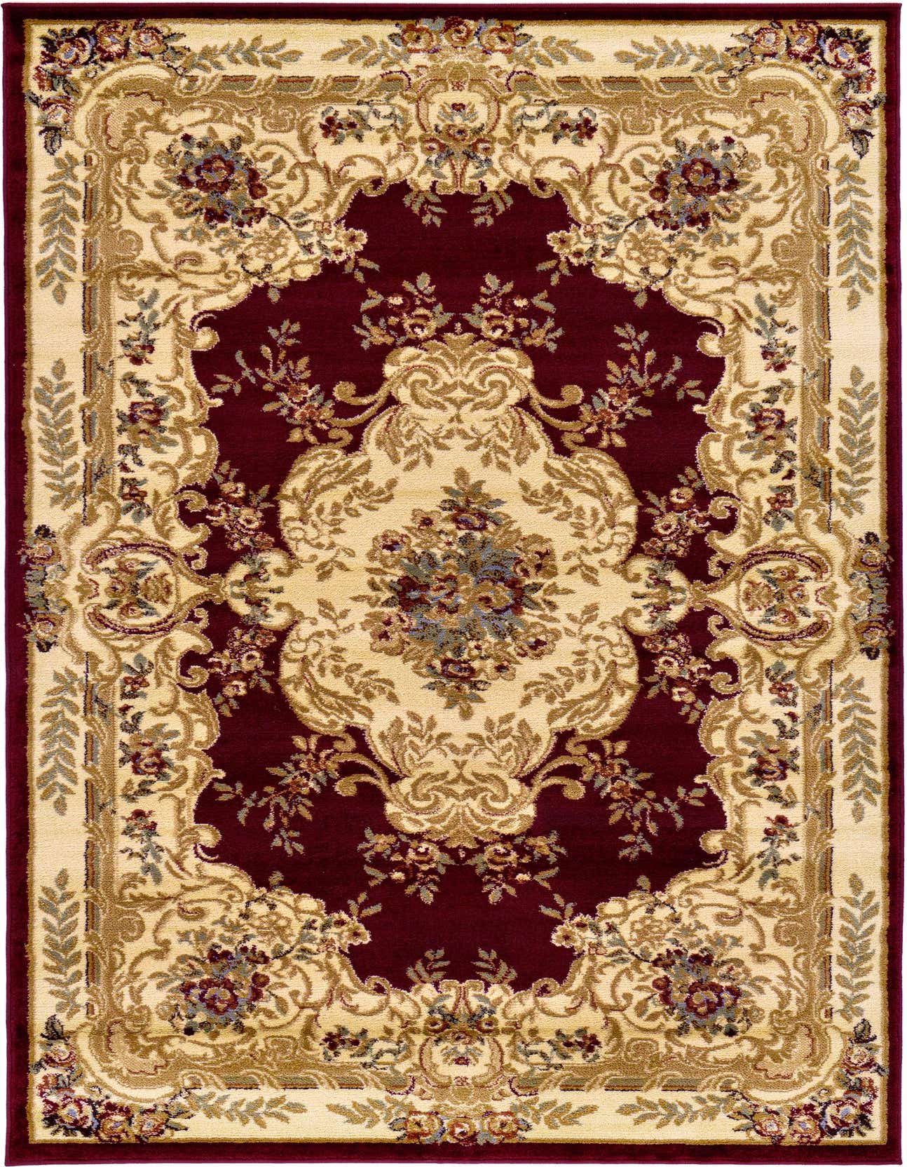 A 5x8 rectangular Chateau rug featuring a traditional French medallion pattern in rich reds and cream, ideal for a living room.