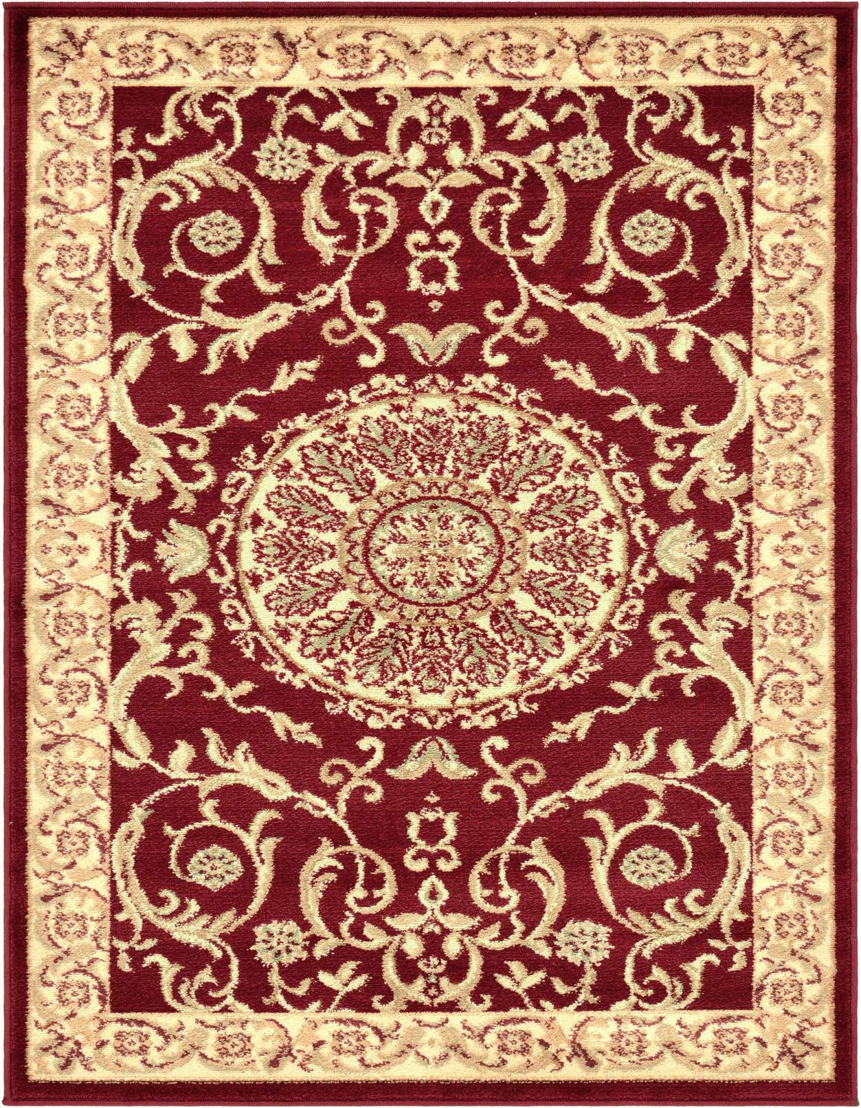 A 3x5 rectangular red traditional rug with a cream medallion and botanical patterns, ideal for an entryway.