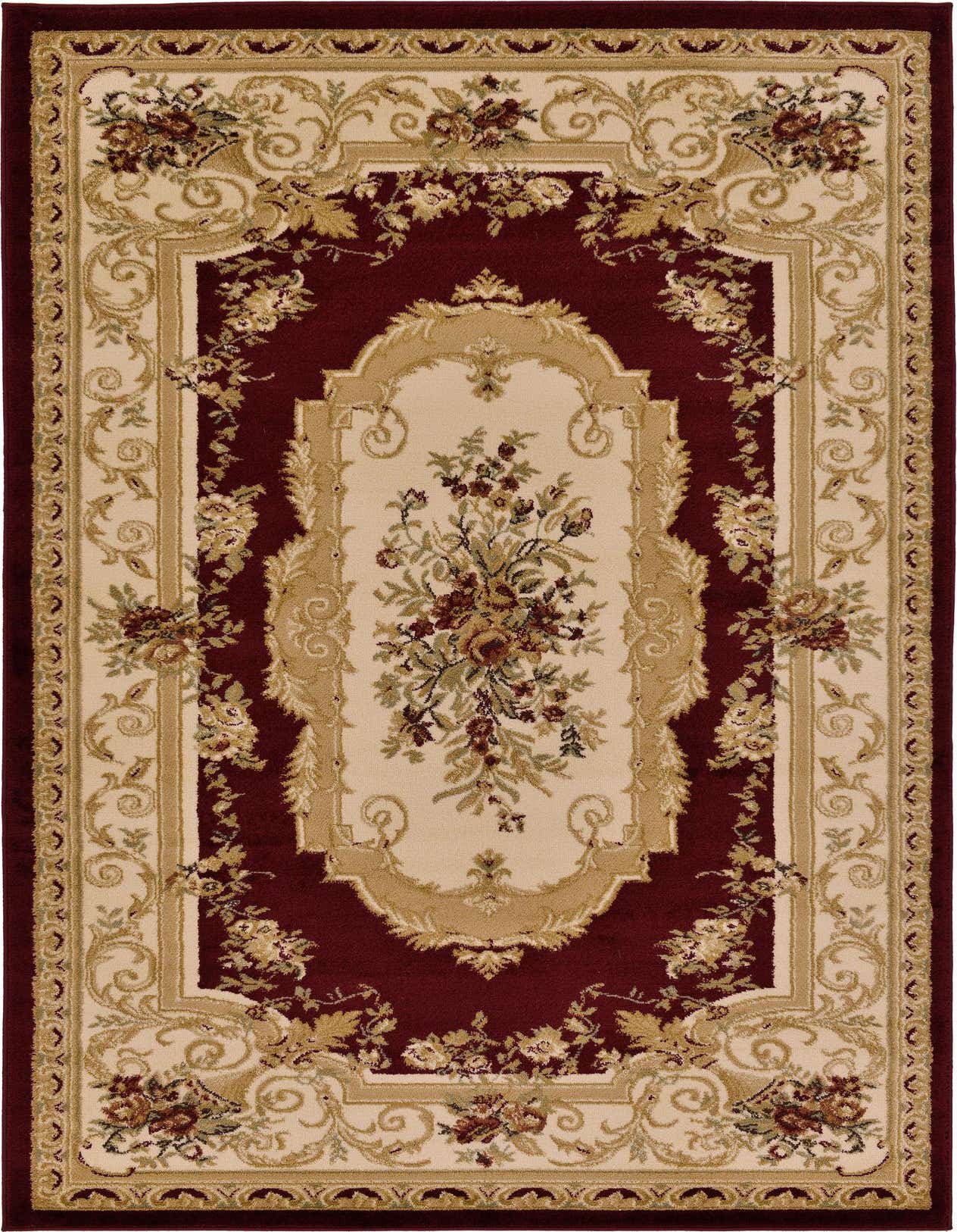 A 5x8 rectangular Chateau rug in a traditional French Victorian style, featuring a red field with an ornate cream and gold medallion and floral border.