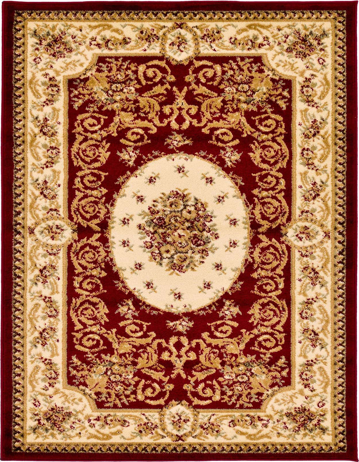 A 3x5 rectangular red traditional area rug with a cream medallion and botanical patterns, ideal for an entryway.