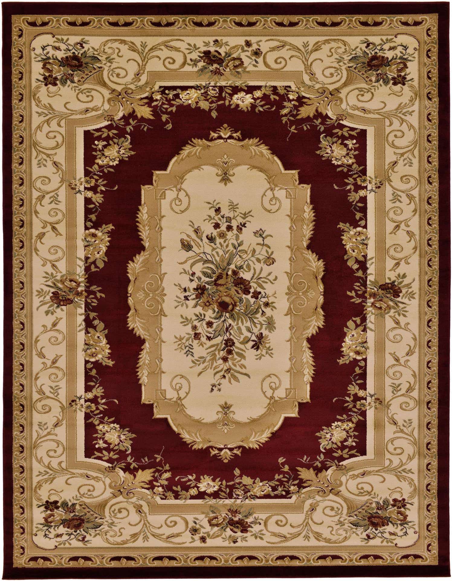A 9x12 rectangular Chateau rug in traditional red and cream with a botanical medallion pattern.