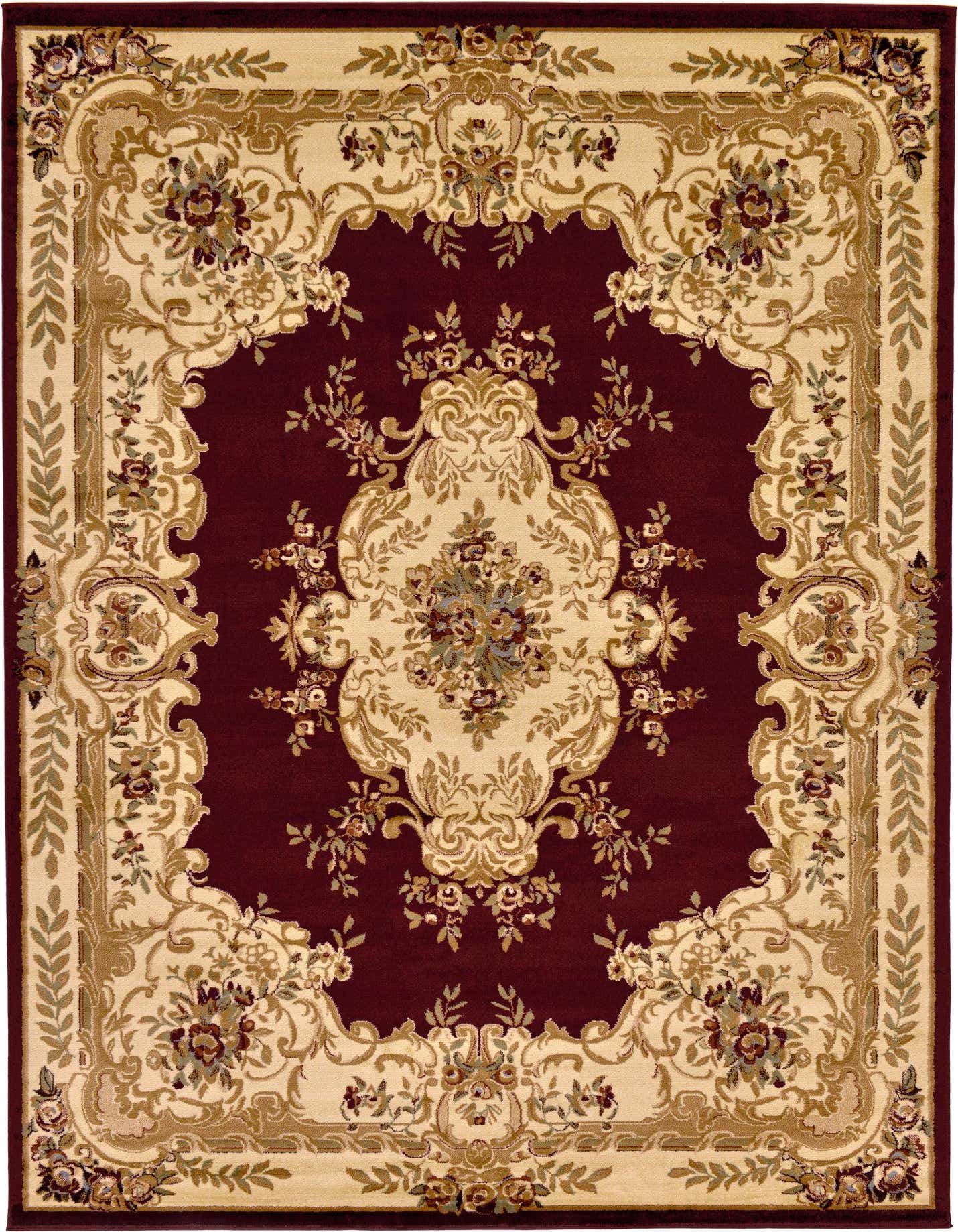 An 8x11 rectangular Chateau rug in traditional French Victorian style, featuring a rich red field with a cream and gold medallion and floral border.