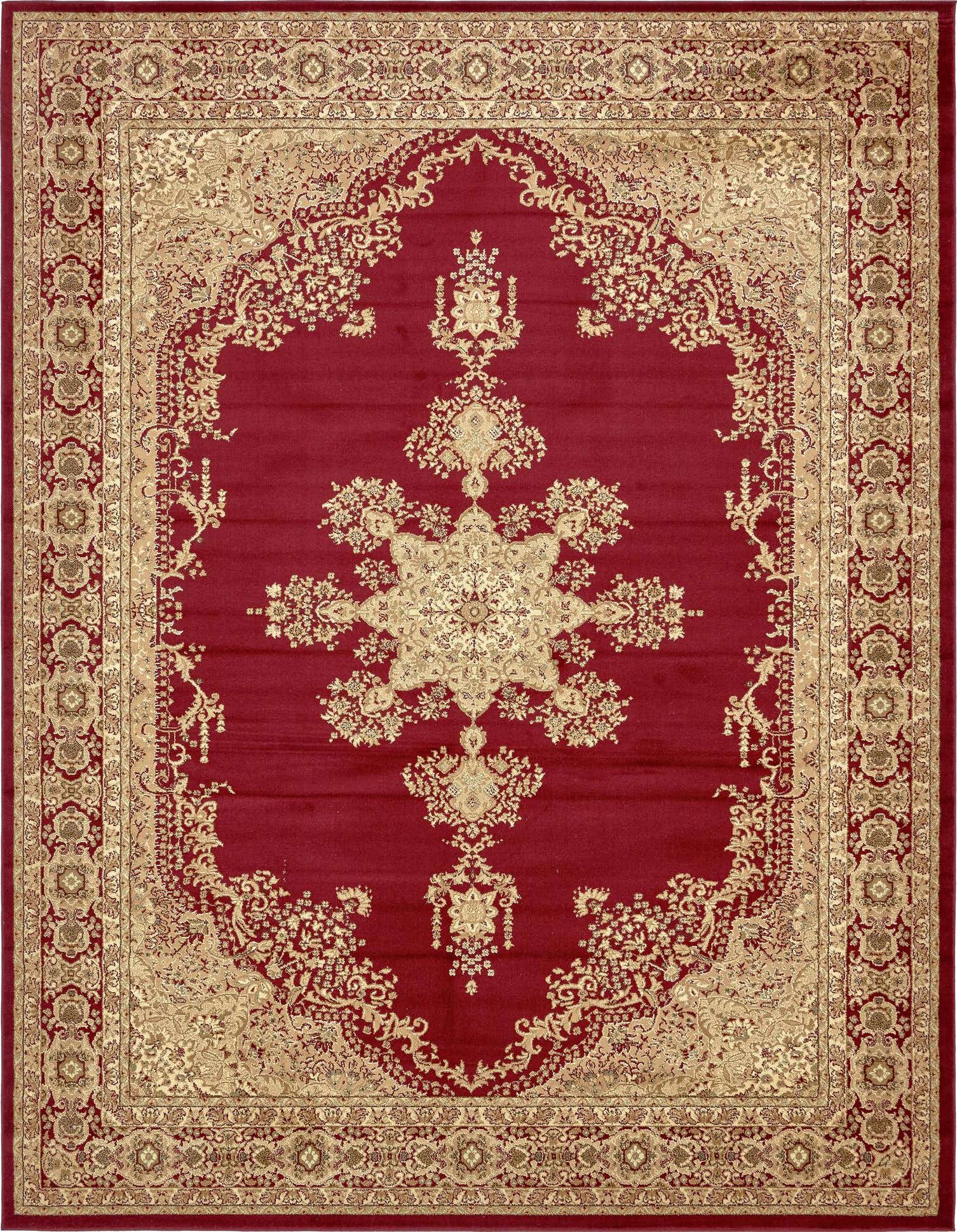 A 10x13 rectangular Chateau rug in deep red with an ornate gold traditional medallion and botanical pattern.