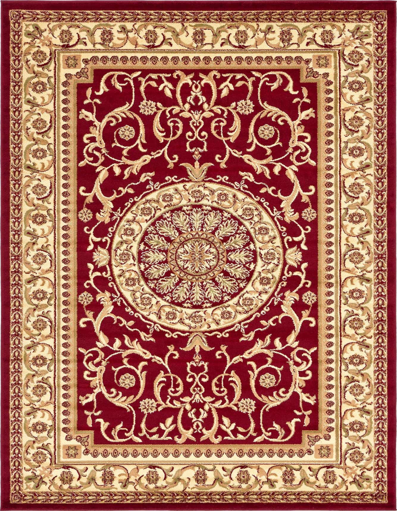 A 6x9 rectangular red area rug with an intricate gold and cream traditional medallion and botanical pattern.