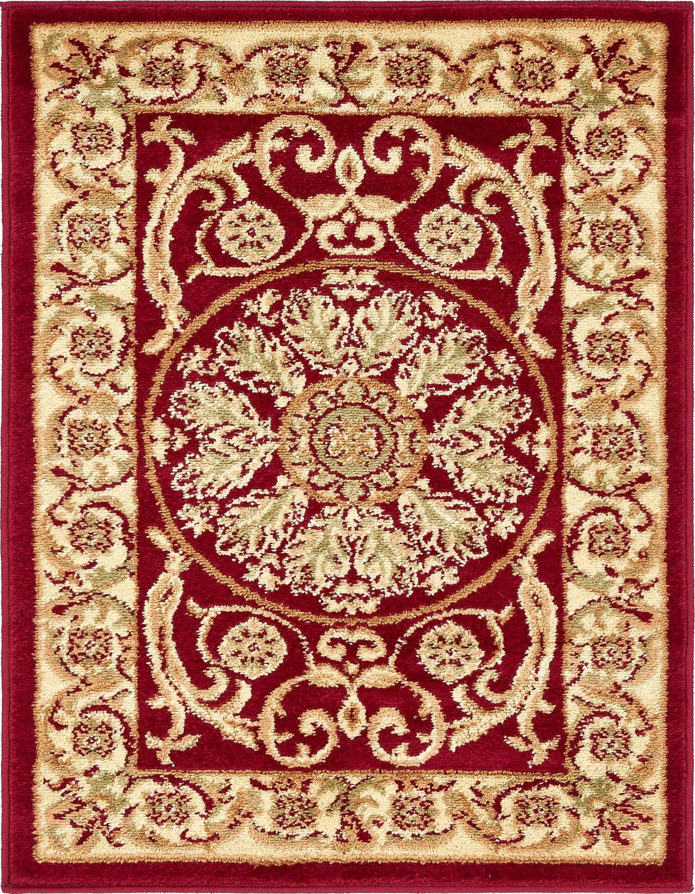 A 2x3 rectangular Chateau rug in deep red with a cream and gold traditional botanical medallion pattern.