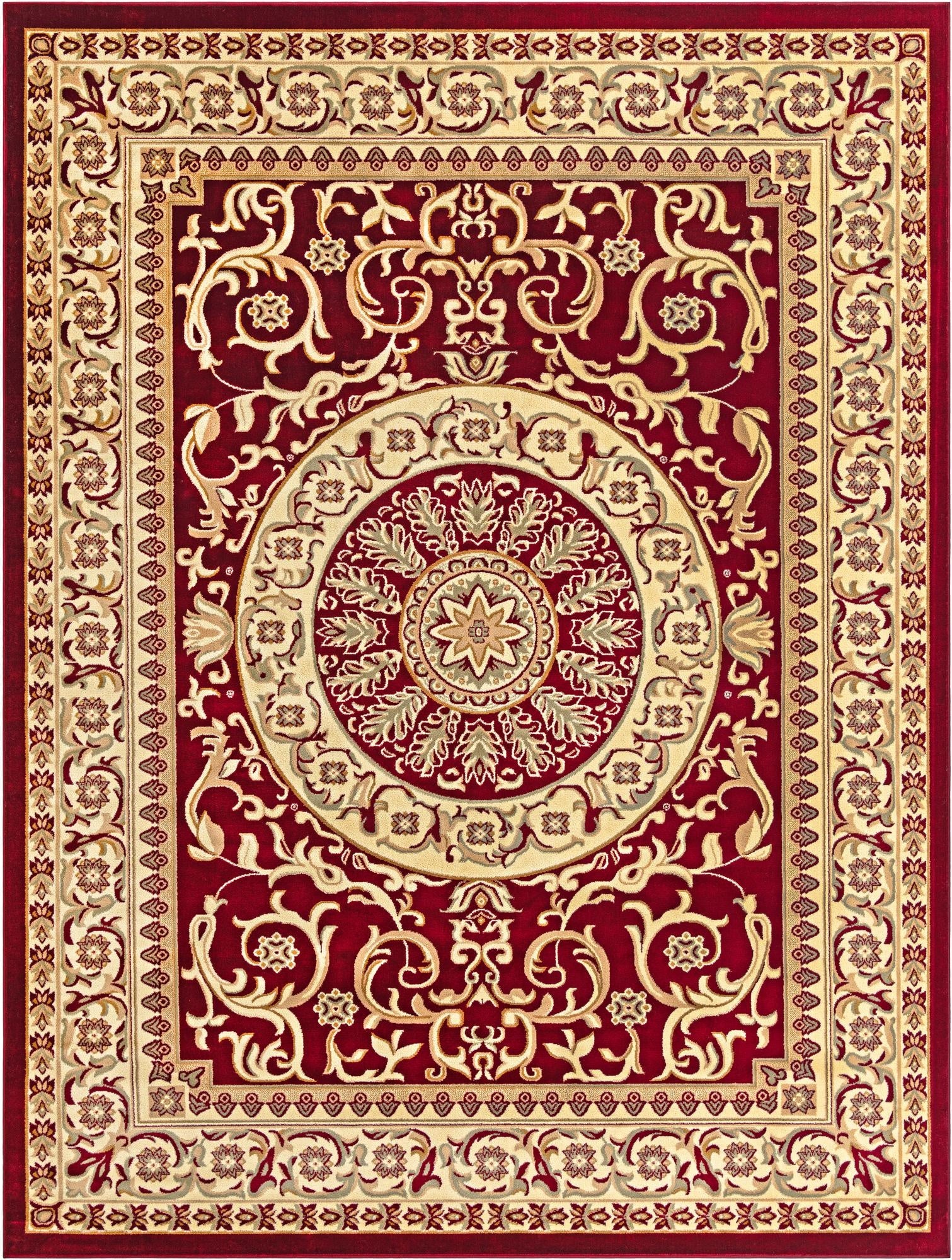 A 10x13 rectangular red area rug with an ornate cream and gold traditional medallion pattern, ideal for a living room.