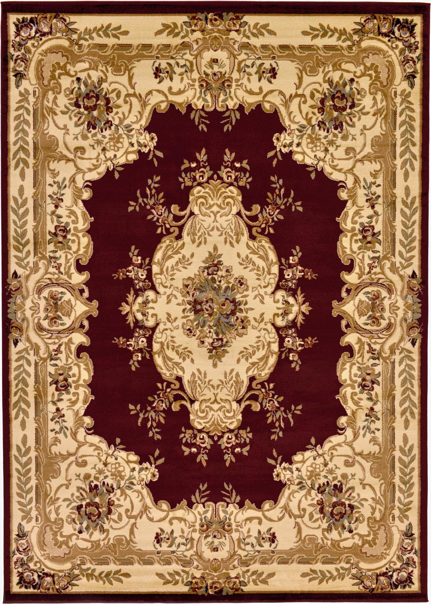 An 8x11 rectangular Chateau rug in traditional French Victorian style, featuring a rich red field with a cream and gold medallion and floral border.