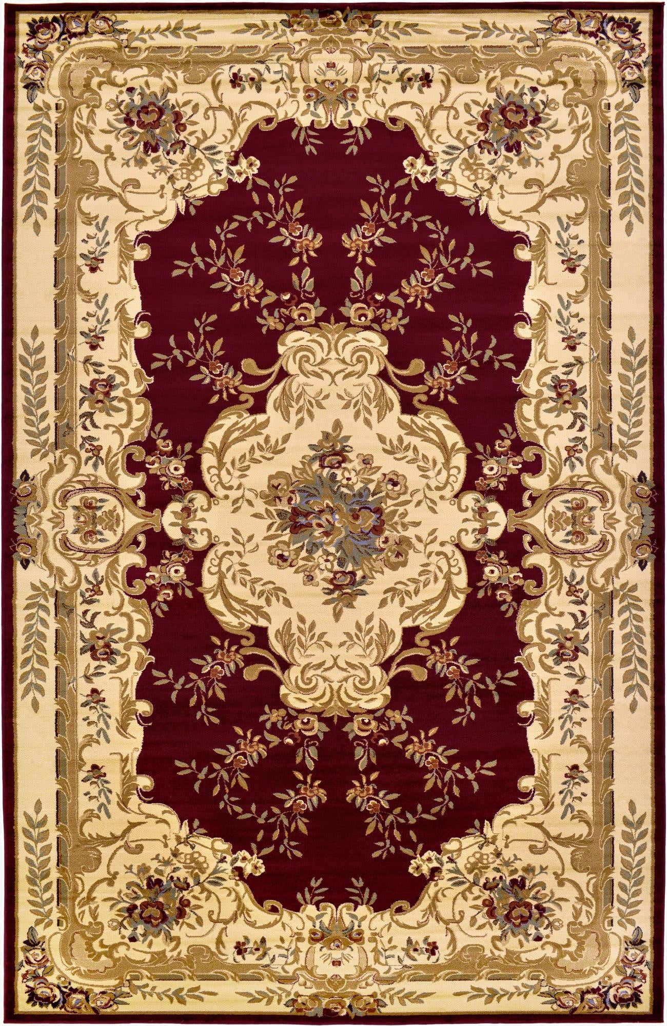 A 10x16 rectangular Chateau rug with a rich red field and an ornate cream, gold, and blue medallion and floral border.
