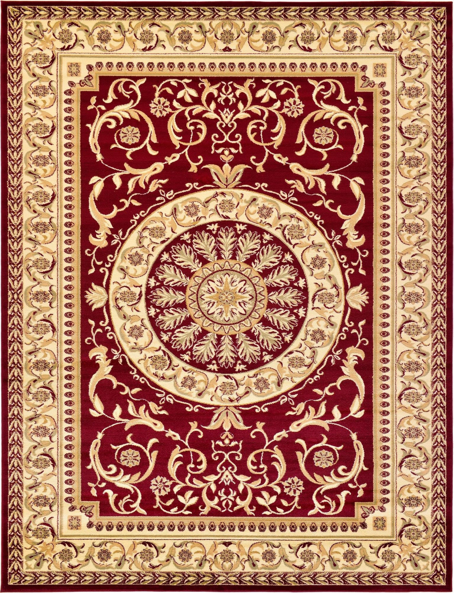 A 9x12 rectangular Chateau rug in deep red with an intricate cream and gold traditional botanical medallion pattern, ideal for a living room.
